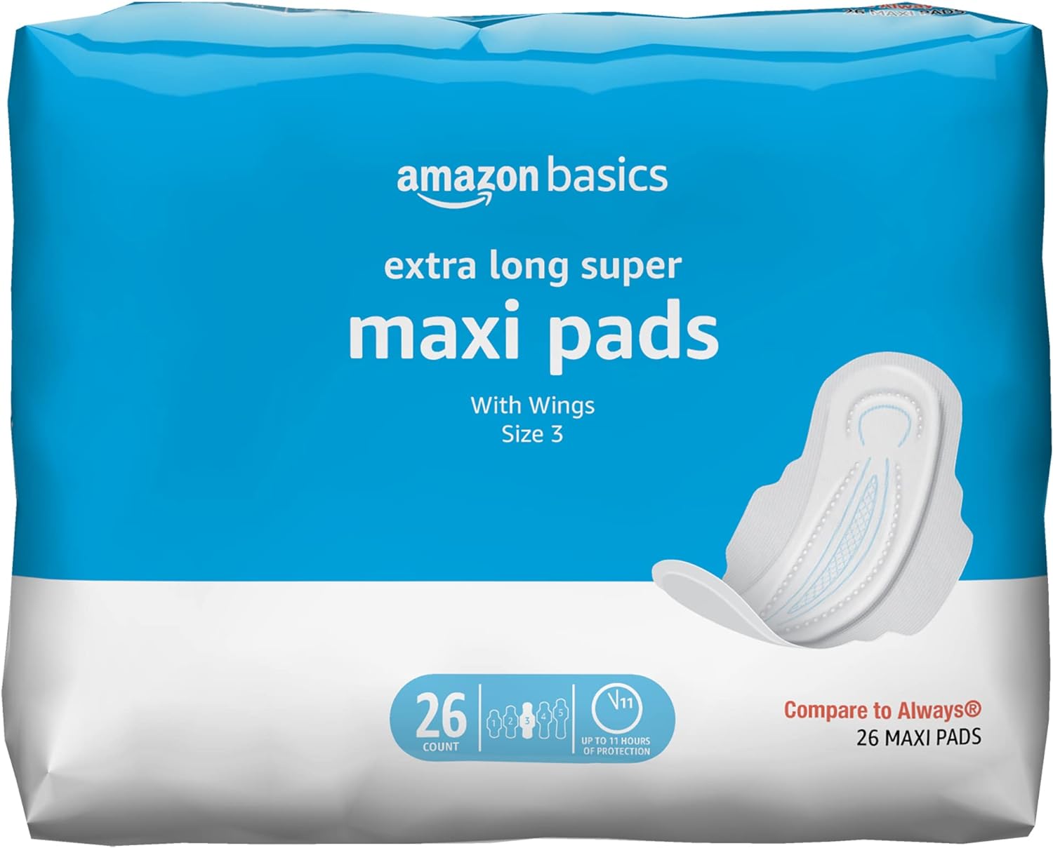 Amazon Basics Thick Maxi Pads with Flexi-Wings for Periods, Extra Long Length, Super Absorbency, Unscented, Size 3, 26 Count, 1 Pack (Previously Solimo)