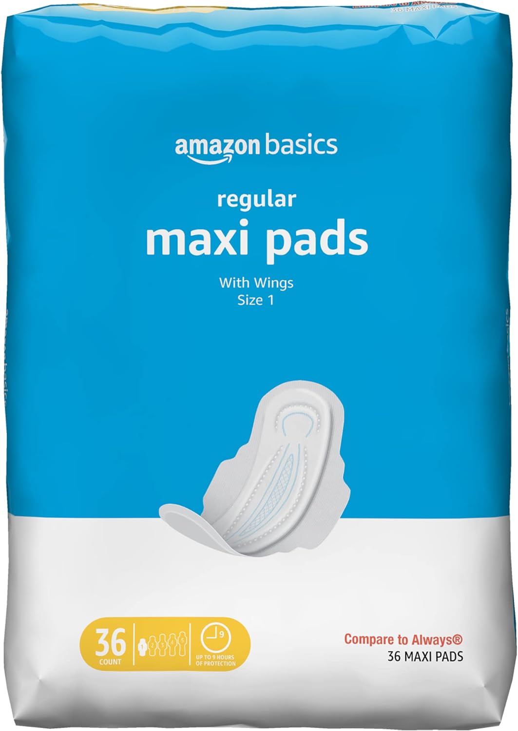 Amazon Basics Thick Maxi Pads with Flexi-Wings for Periods, Regular Absorbency, Unscented, Size 1, 36 Count, 1 Pack (Previously Solimo)