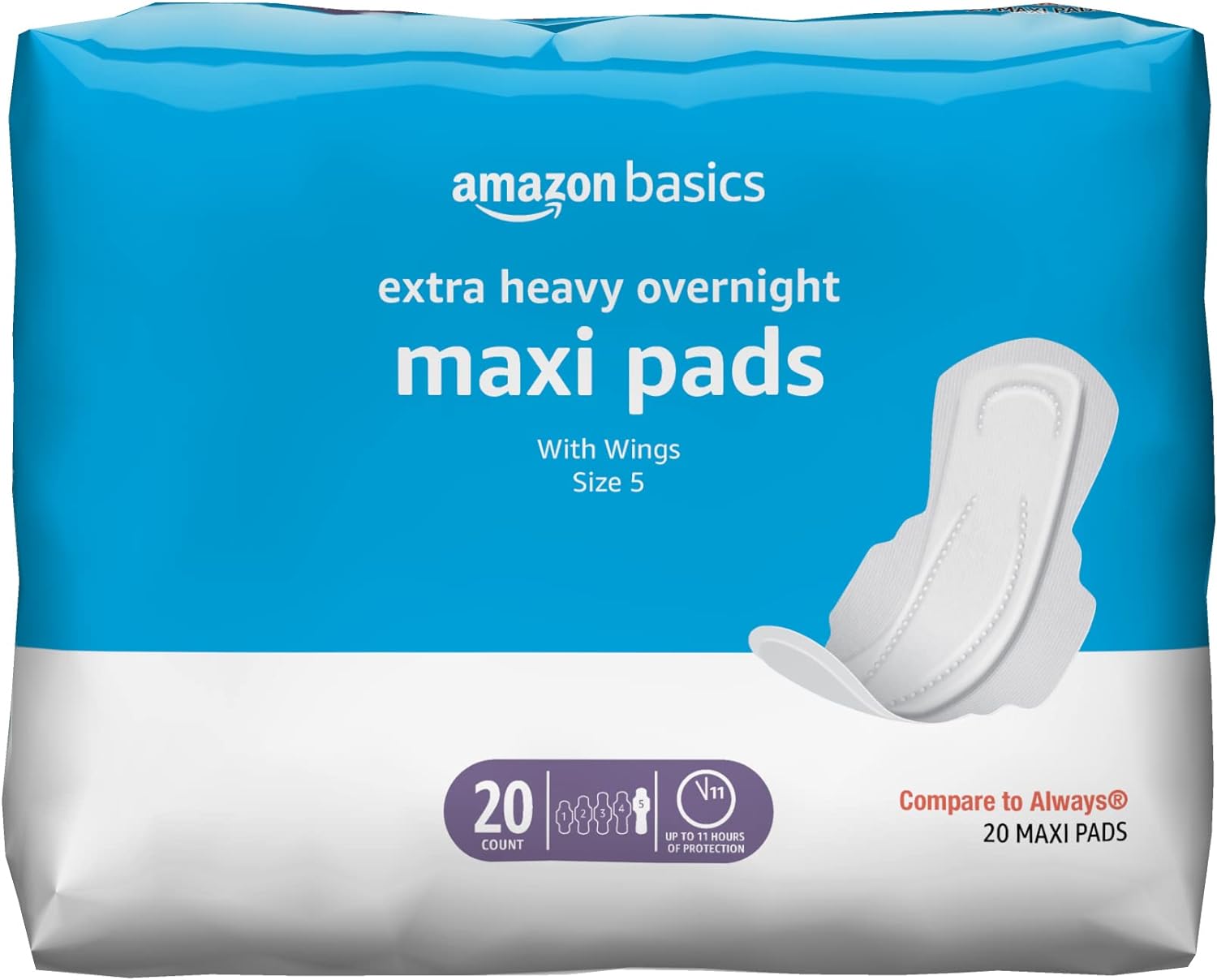 Amazon Basics Thick Maxi Pads with Flexi-Wings for Periods, Extra Heavy Overnight Absorbency, Unscented, Size 5, 20 Count, 1 Pack (Previously Solimo)