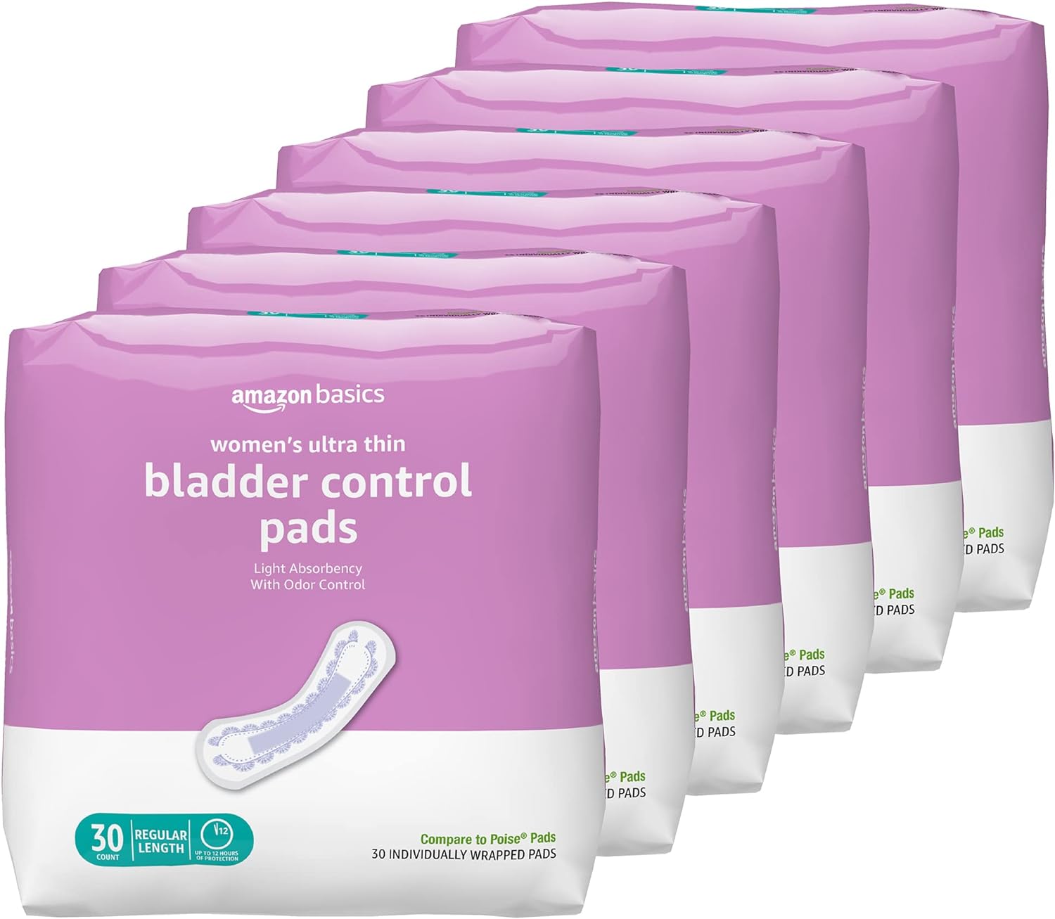 Amazon Basics Ultra Thin Incontinence, Bladder Control & Postpartum Pads for Women, Regular Length, Light Absorbency, Unscented, 180 Count (6 Packs of 30) (Previously Solimo)