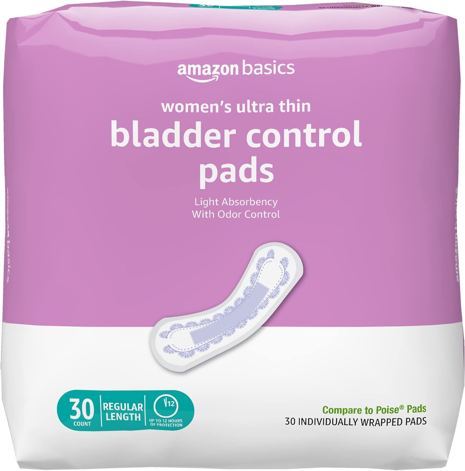 Amazon Basics Ultra Thin Incontinence, Bladder Control & Postpartum Pads for Women, Regular Length, Light Absorbency, Unscented, 30 count, 1 Pack (Previously Solimo)