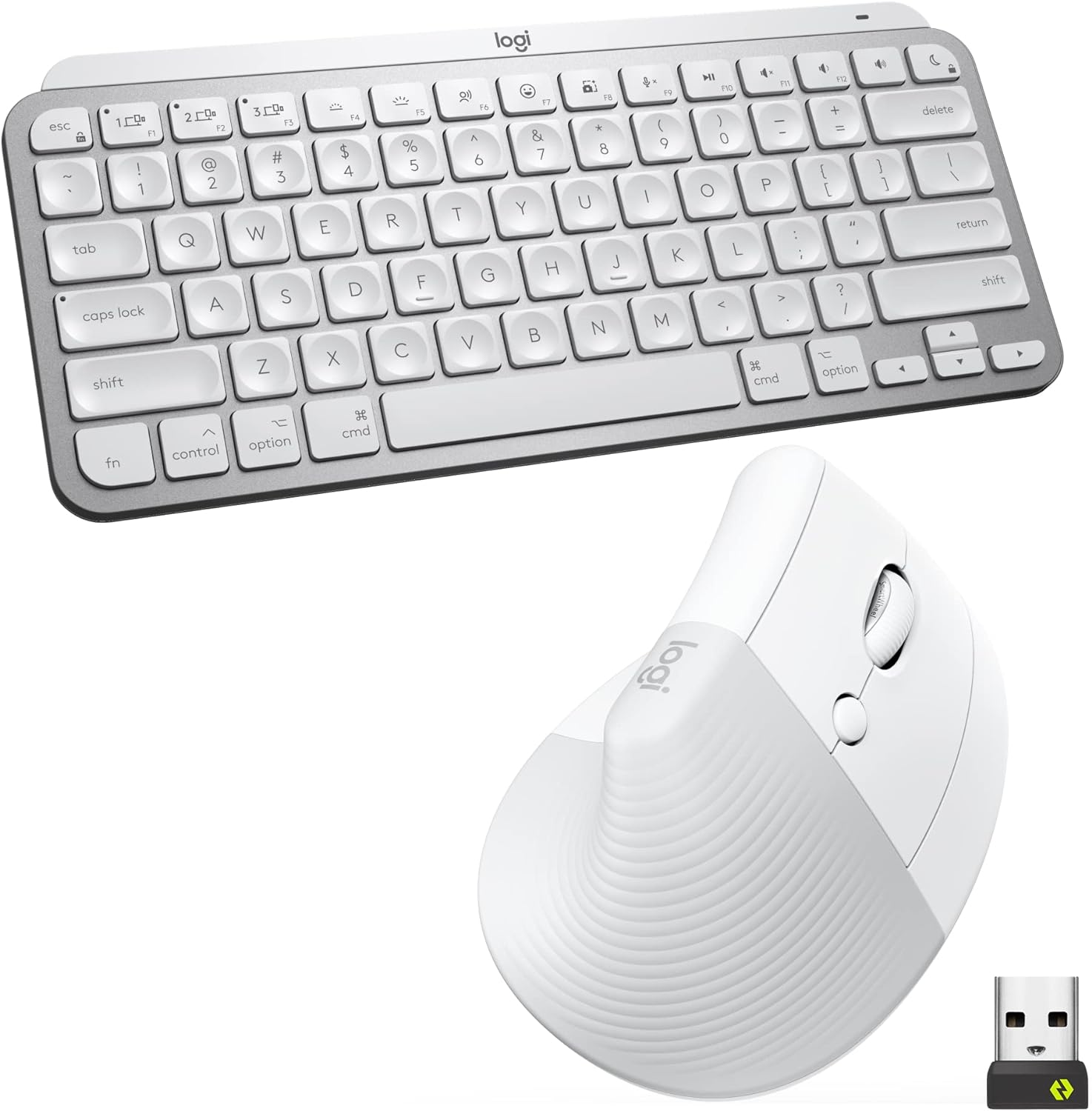 Logitech MX Keys Mini Keyboard and Lift Vertical Ergonomic Mouse Combo - Wireless, Backlit Keys, Bluetooth or Logi Bolt USB receiver, Quiet, Windows/macOS/iPadOS, Laptop, PC - Pale Grey