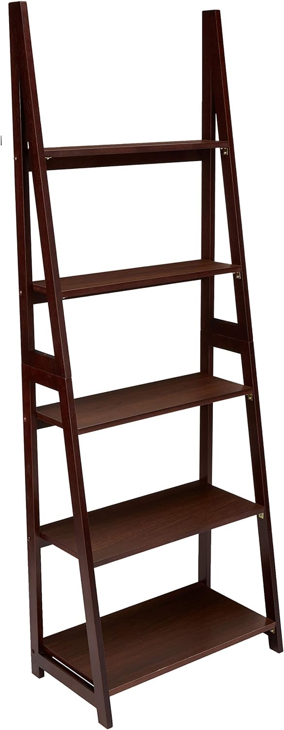 Amazon Basics Modern 5-Tier Ladder Bookshelf Organizer, Solid Rubberwood Frame, Espresso Finish, 14 D x 24.8 W x 70.1 H in