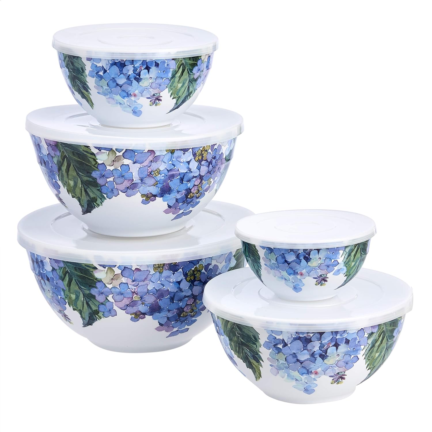 Amazon Basics Nesting Melamine Mixing Bowl With Lid And Non-Slip Base, 5 Sizes, Set Of 10, Hydrangea Floral, 3 15/16",7 9/16",8 7/8",10",11 1/4"