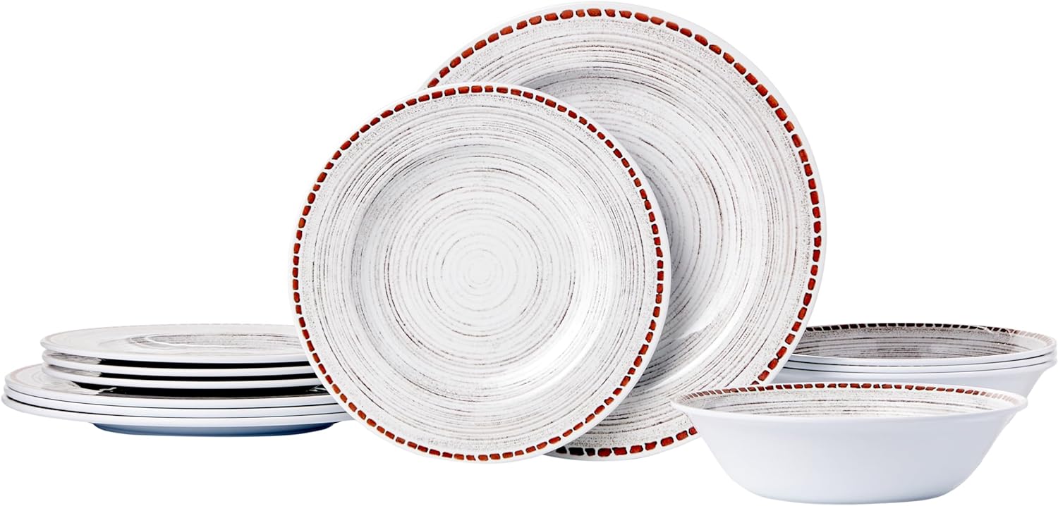 Amazon Basics Melamine Dinnerware Set, Service for 4, White Stoneware Swirl - Set of 12