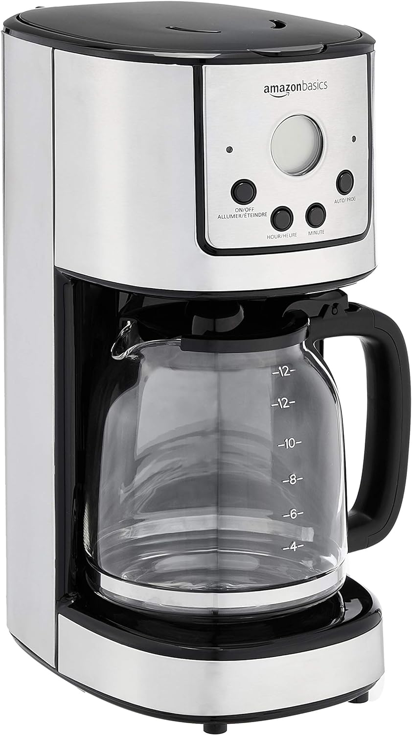 Amazon Basics Programmable Coffeemaker with Carafe and Reusable Filter, Stainless Steel, 12 Cups, Black