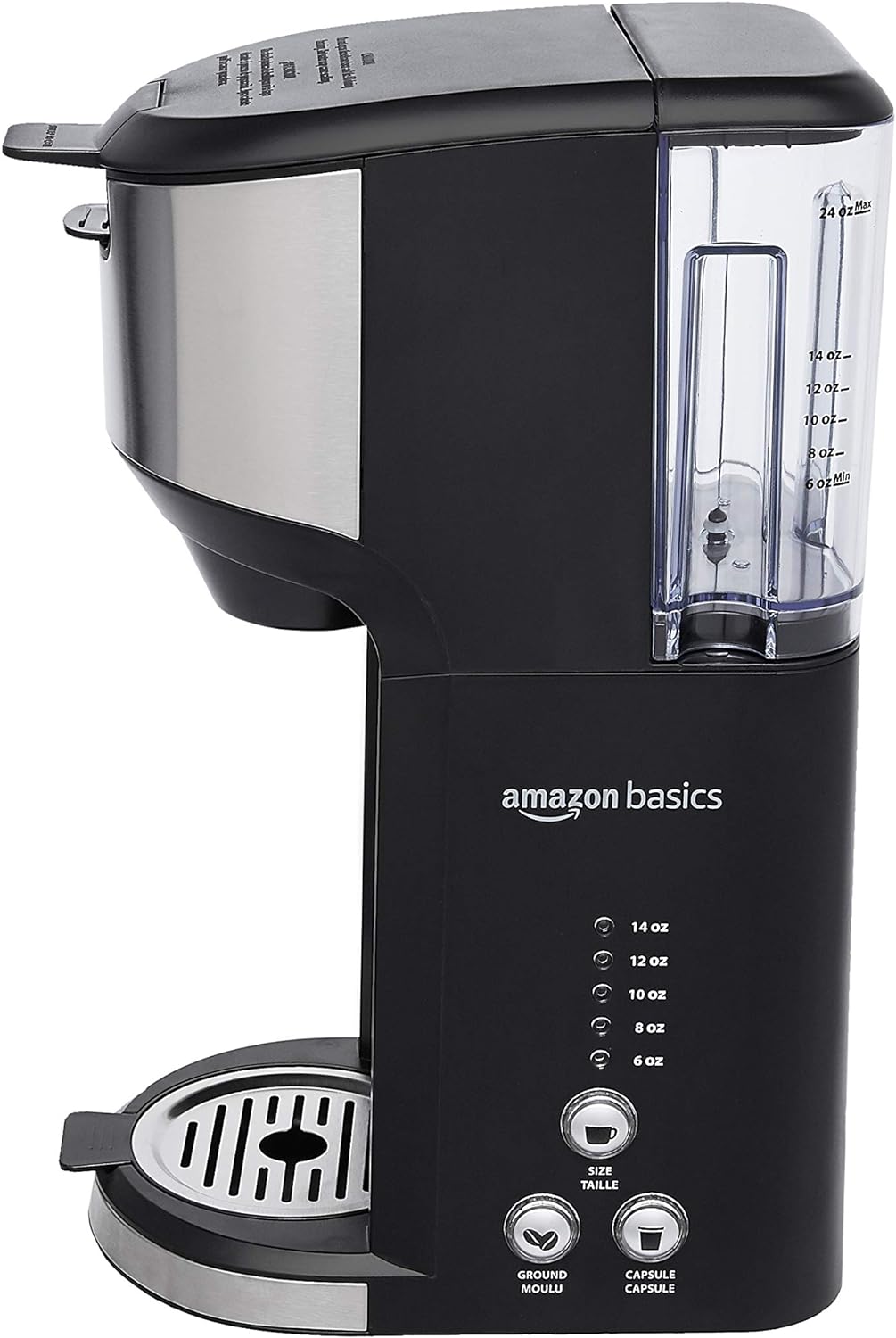 Amazon Basics Drip Coffee Maker with K-Cup, 14 Oz, Black and Stainless steel, 5.98"D x 9.44"W x 14.17"H