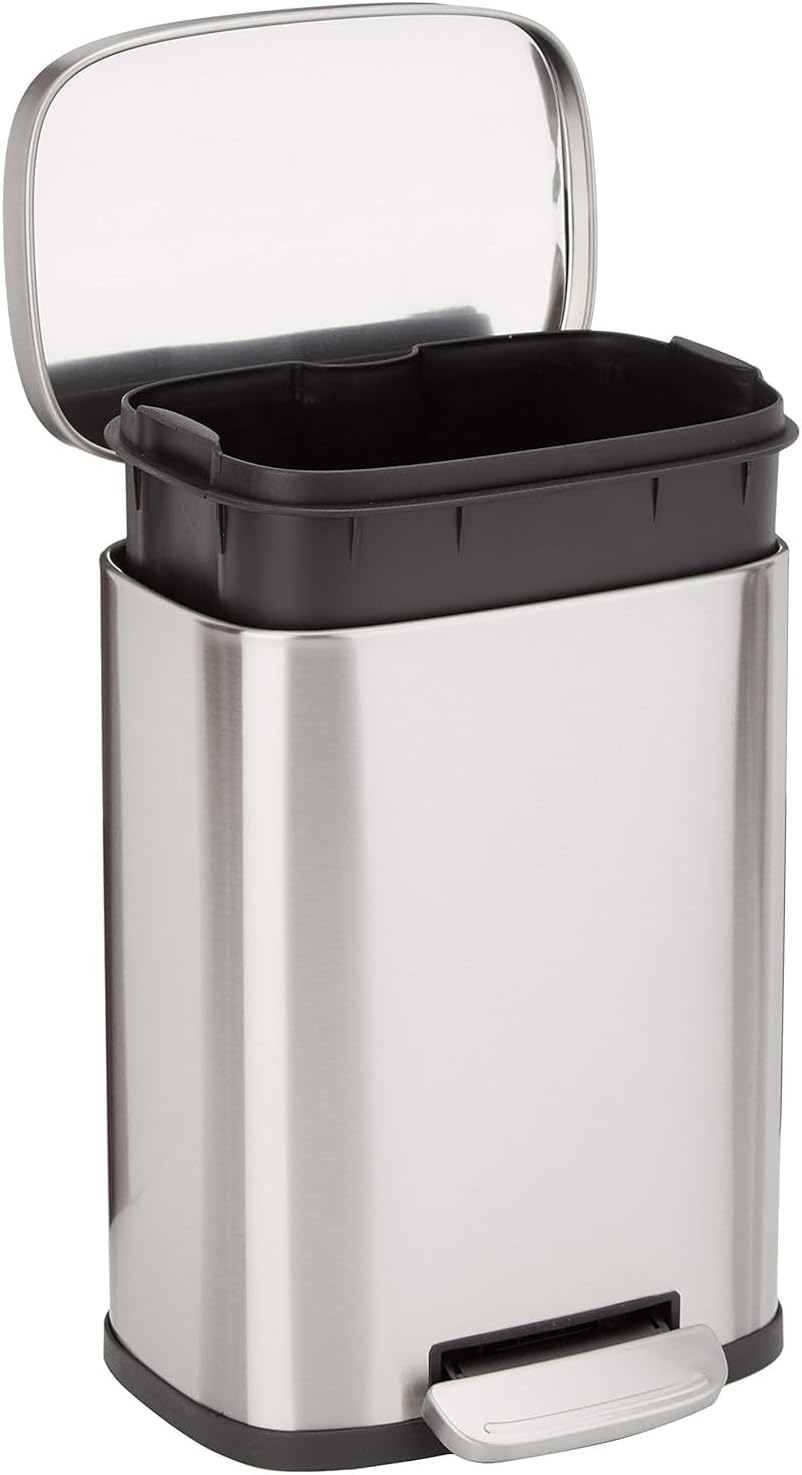 Amazon Basics Smudge Resistant Small Rectangular Trash Can With Soft-Close Foot Pedal, Brushed Stainless Steel, 5 Liter/1.32 Gallon,7.3 x 8.5 x 11.8 inches (LxWxH), Satin Nickel Finish