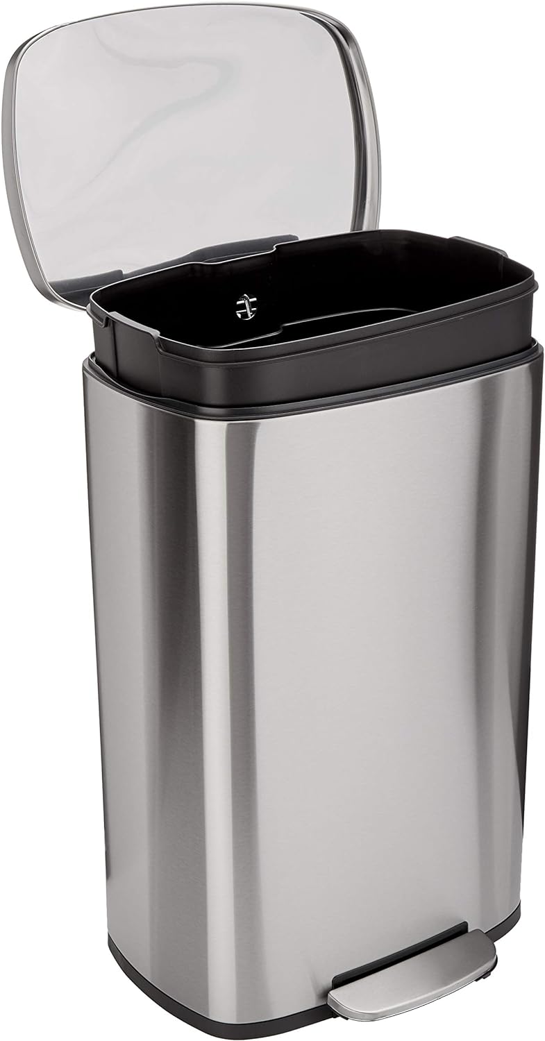 Amazon Basics Smudge Resistant Rectangular Trash Can With Soft-Close Foot Pedal, Brushed Stainless Steel, 50 Liter/13.2 Gallon, Satin Nickel Finish, 16.7"L x 14.7"W x 25.9"H