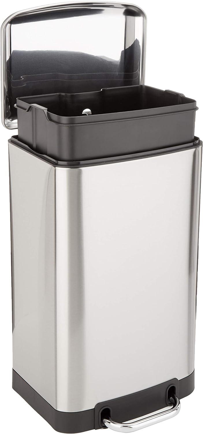 Amazon Basics Smudge Resistant Small Rectangular Trash Can with Soft-Close Foot Pedal, 20 Liter / 5.3 Gallon, Nickel