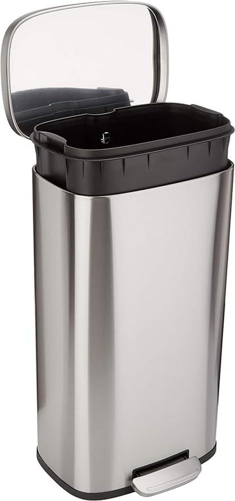 Amazon Basics Smudge Resistant Rectangular Trash Can With Soft-Close Foot Pedal, Brushed Stainless Steel, 30 Liter 7.9 Gallon, Satin Nickel Finish, 13.8"L x 11.8"W x 25"H