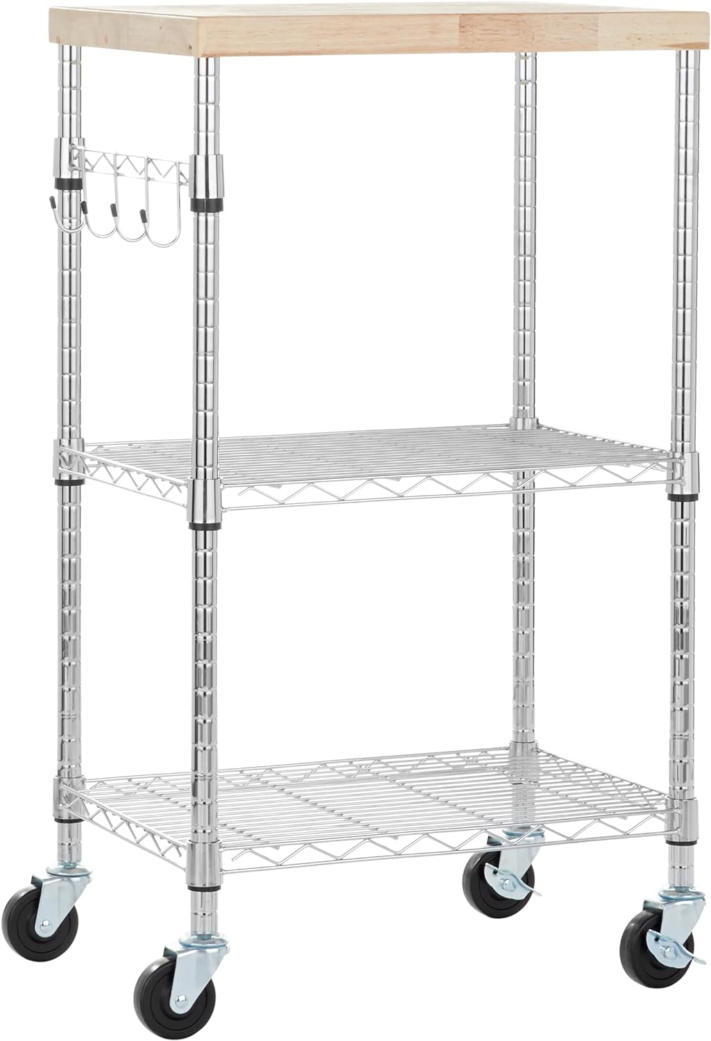 Amazon Basics Kitchen Storage Microwave Rack Cart on Caster Wheels with Adjustable Shelves, 175 Pound Capacity, 15 x 21 x 36.7 inches, Wood/Chrome