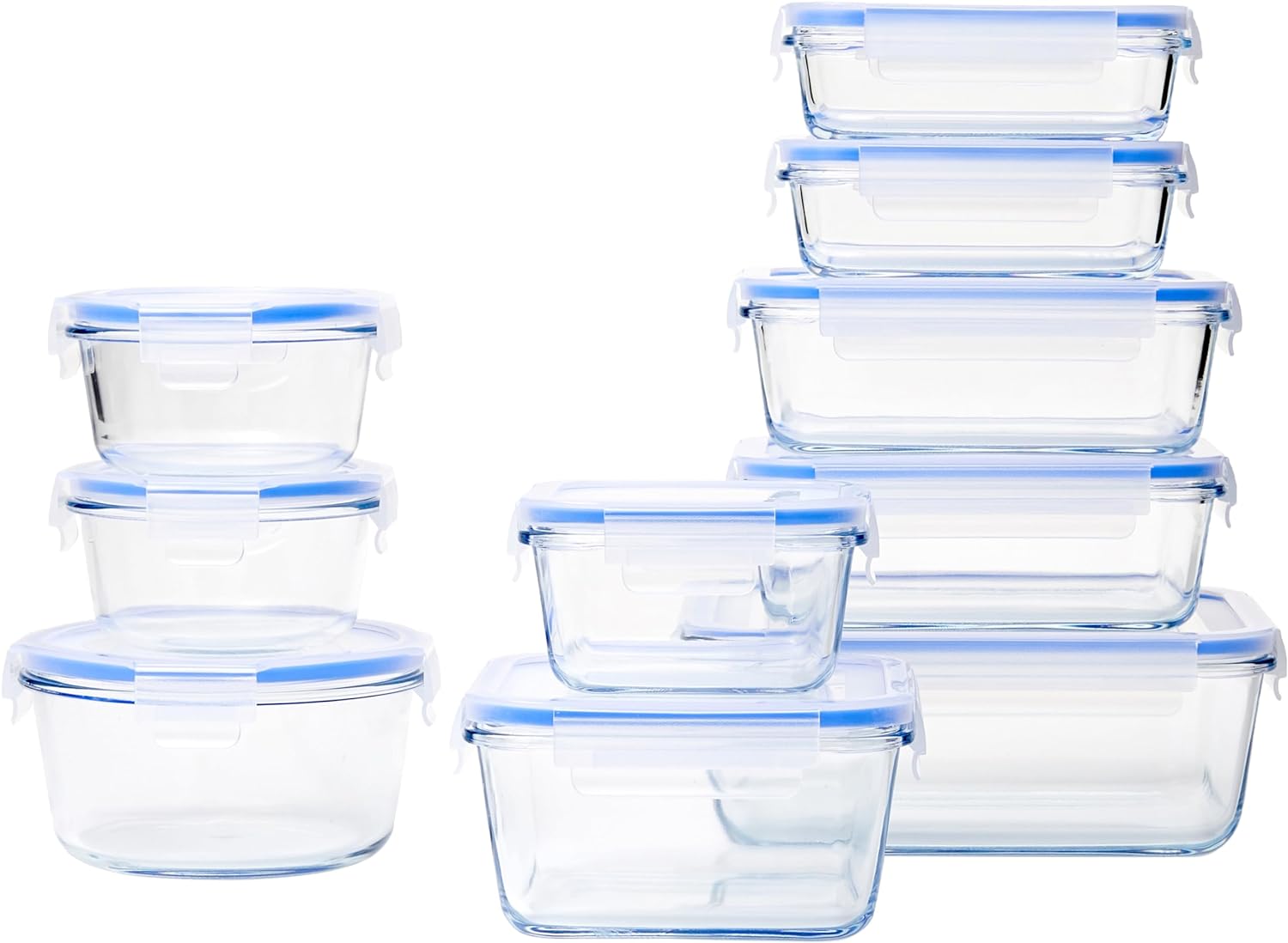 Amazon Basics 20-Piece Glass Food Storage Containers, 10 Count of Bases and Plastic Lids, Transparent, Blue