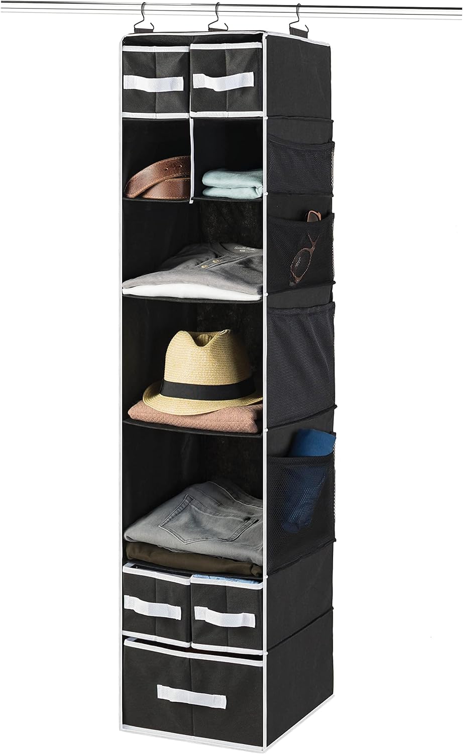 ZOBER Hanging Closet Organizer with 9 Shelves, Polyethylene Material, 5 Bins, Mesh Pockets, Bonus Storage, Foldable Design, Ideal for Baby' Room, Toys, Books, Clothes, and More