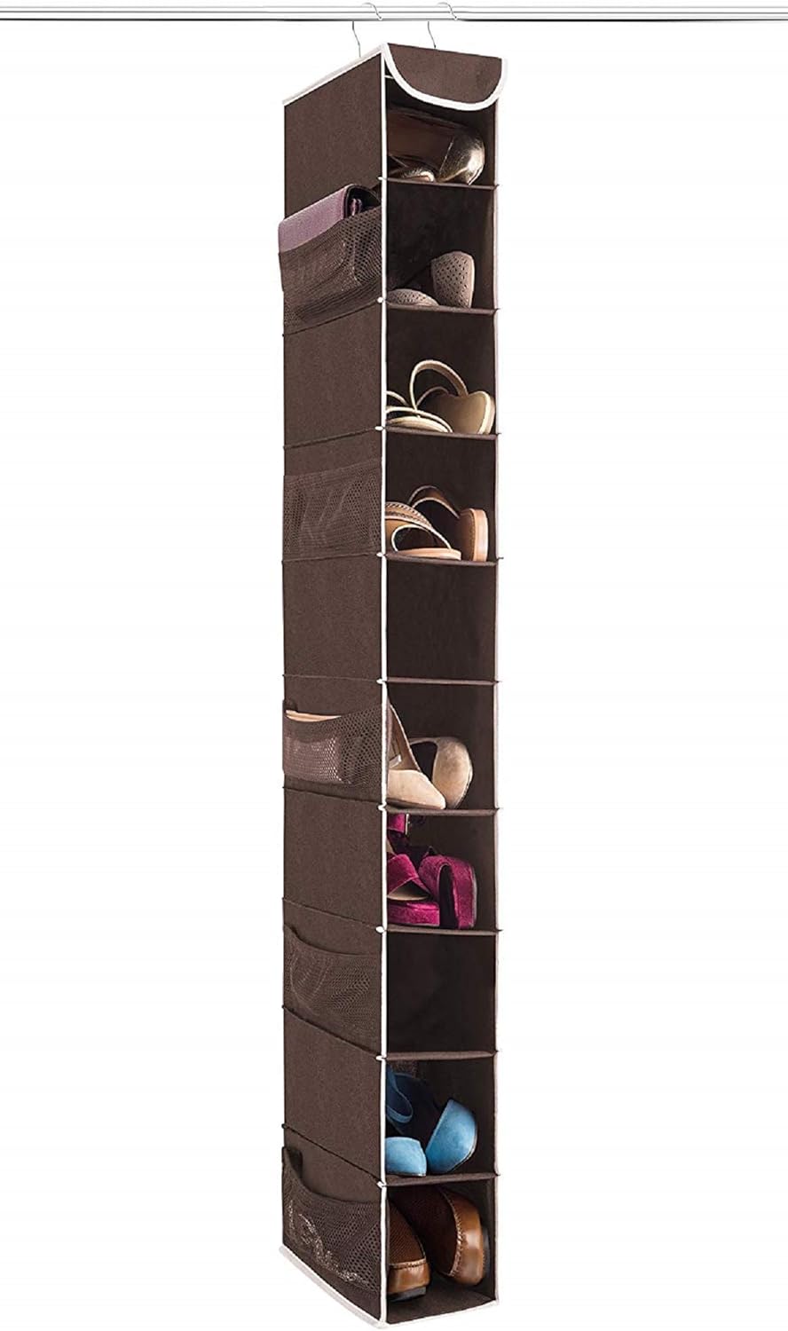 ZOBER Hanging Shoe Organizer for Closet, 10 Shelves - Hanging Shoe Rack W/Side Pockets - Narrow, Space Saving, Durable