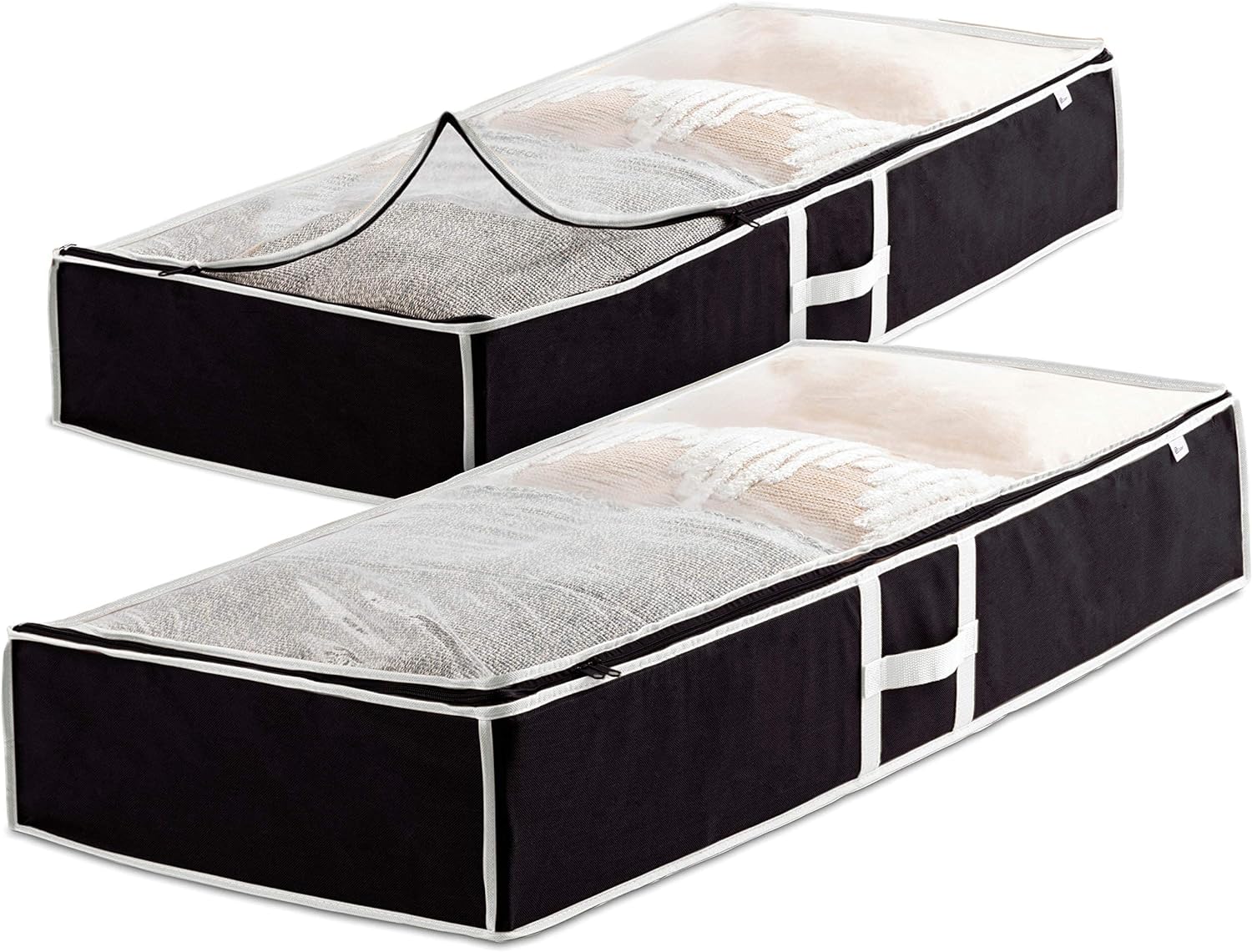 Zober Under Bed Storage - Pack of 2 Under Bed Storage Containers for Clothes, Blankets, Winter Clothing, & Shoes - Under The Bed Storage with Handles, Dual Zippers, & Clear Top (Black)