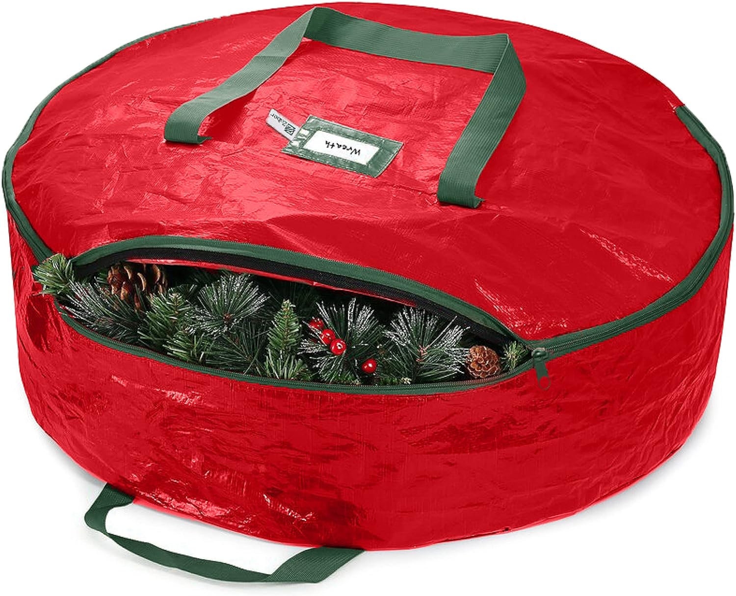 ZOBER Christmas Wreath Storage Container - 24 Inch Wreath Bag for Artificial Wreaths - Dual Zippered Wreath Storage W/Strong, Durable Handles - Red