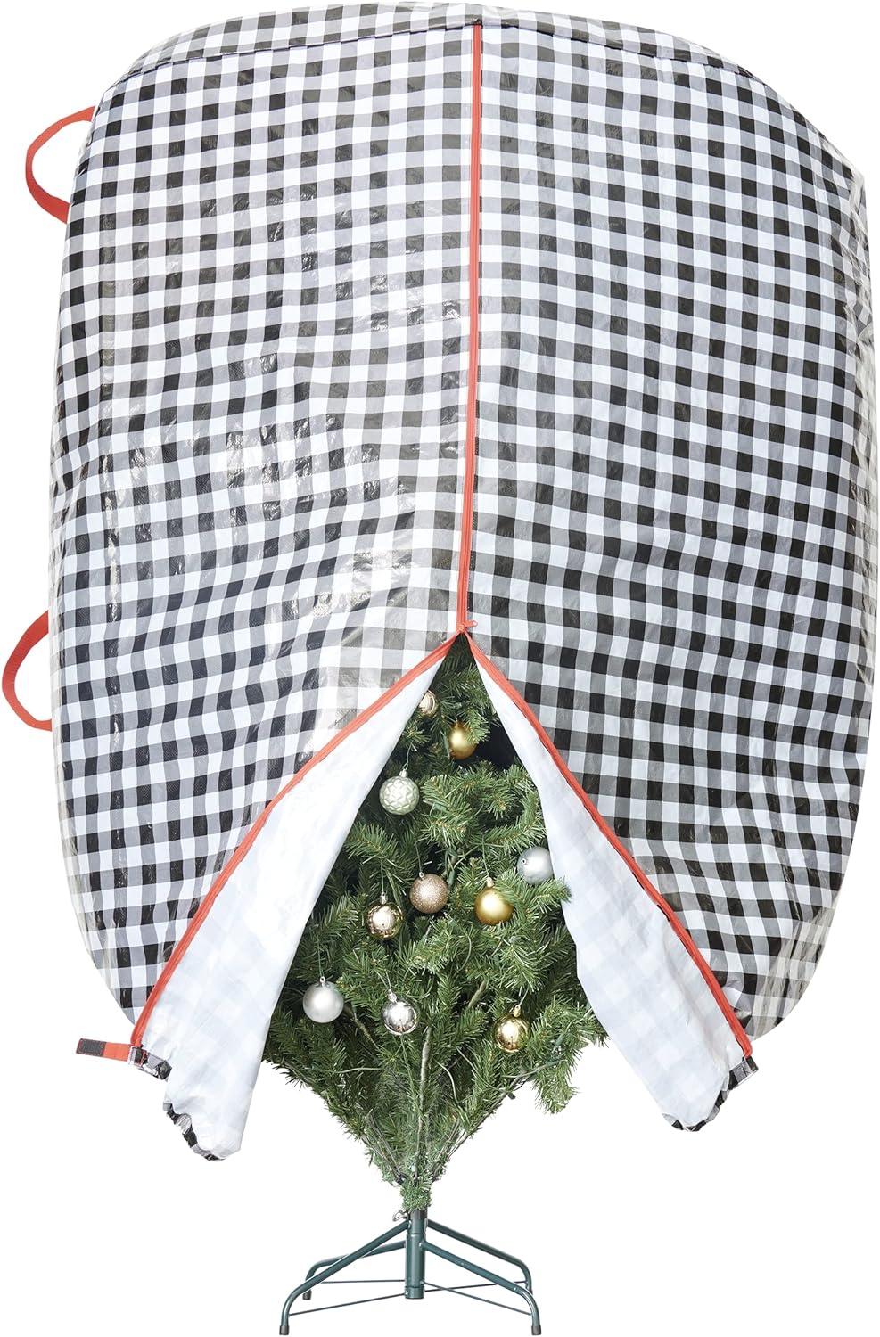 Zober Upright Christmas Tree Storage Bag - Fits 9 Ft Artificial Tree - Christmas Tree Bag W/Drawstring Hem, Zipper, and Carrying Handles - Plastic, Waterproof - White/Black