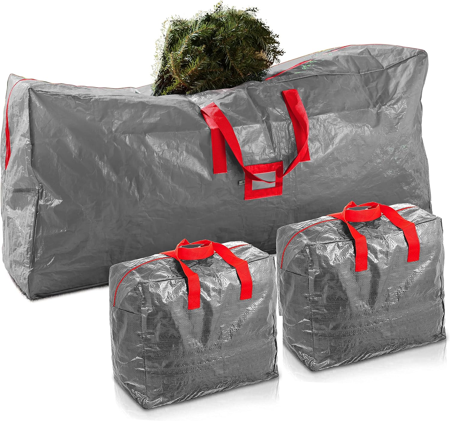 Zober Christmas Tree Storage Bag W/ 2 Garland Bags - Plastic Christmas Tree Storage Box for Trees Up to 9 Ft - Dual Zipper, Strong Durable Handles - Gray