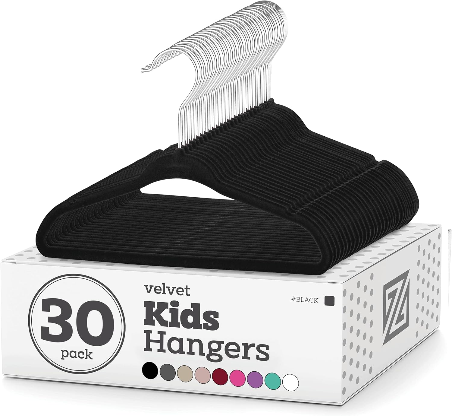 Zober Velvet Kids Hangers for Closet - Pack of 30 Non Slip Childrens Hangers for Shirts, Pants & Dresses w/Swivel Hook - Durable Kids Clothes Hanger w/Notches - Small Hangers - Black