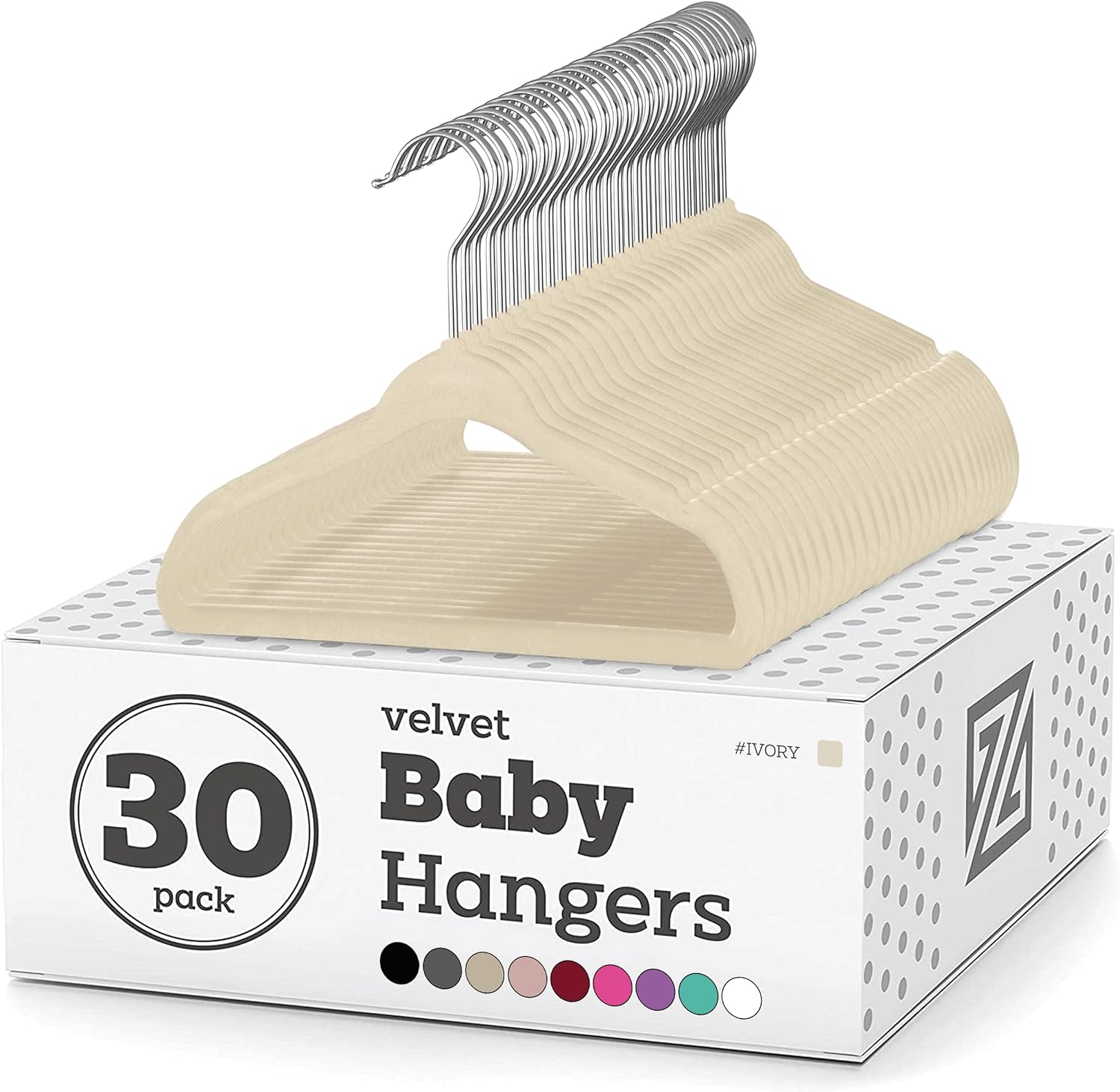 Zober Velvet Baby Hangers for Closet - Pack of 30 Non Slip Toddler Hangers for Shirts, Pants & Dresses w/ Swivel Hook - Durable Infant Hangers w/ Notches - Small Baby Hangers - Ivory