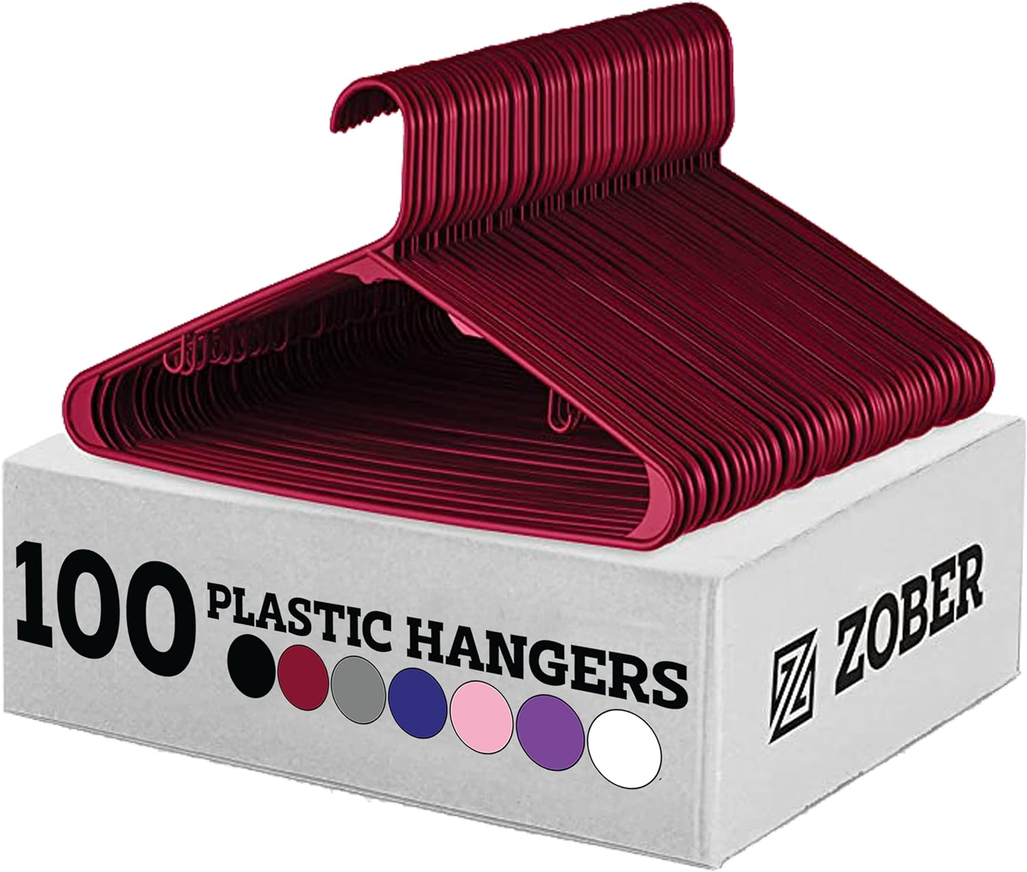 Zober Plastic Hangers 100 Pack - Burgundy Plastic Hangers - Space Saving Clothes Hangers for Shirts, Pants & for Everyday Use - Clothing Hangers with Hooks