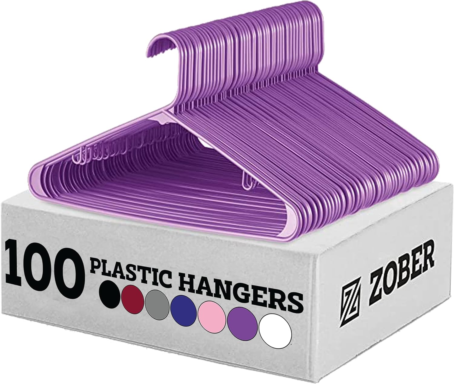 Zober Plastic Hangers 100 Pack - Purple Plastic Hangers - Space Saving Clothes Hangers for Shirts, Pants & for Everyday Use - Clothing Hangers with Hooks