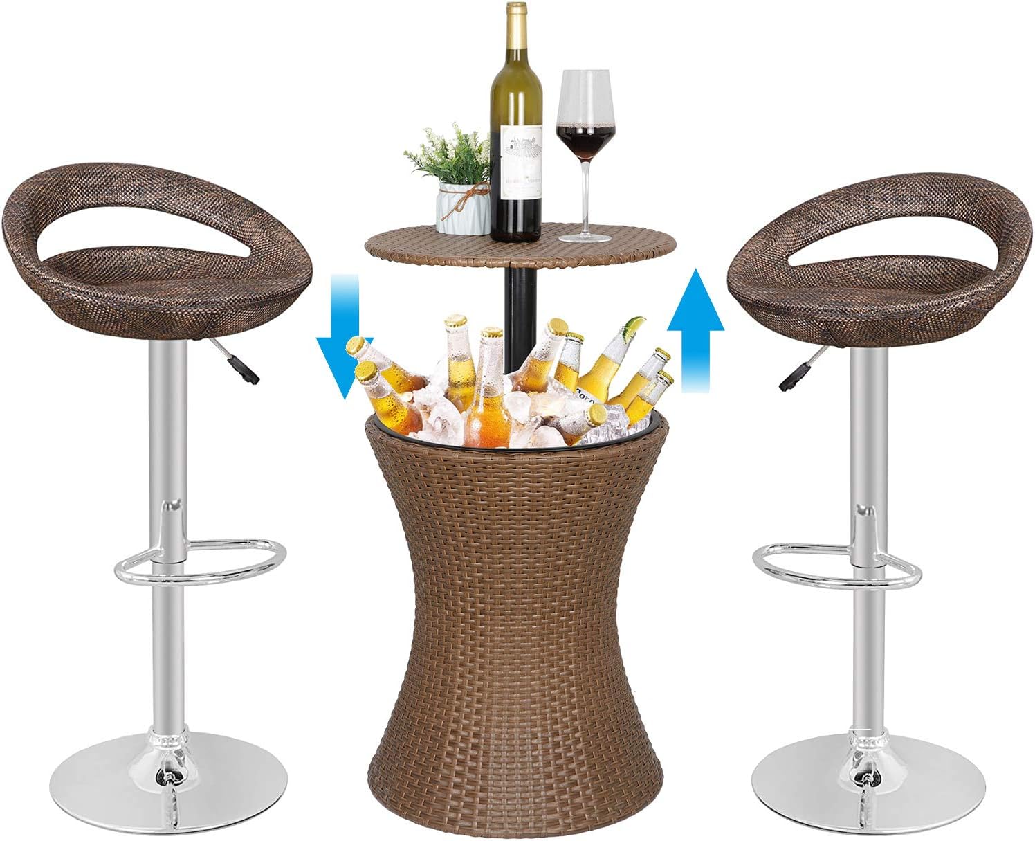 ZENY Set of 2 Bar Stool Hydraulic Pub Barstool   3 in 1 Cooler Bar Table Height Adjustable Rattan Wicker Combo Set Perfect for Patio Party Indoor or Outdoor Use