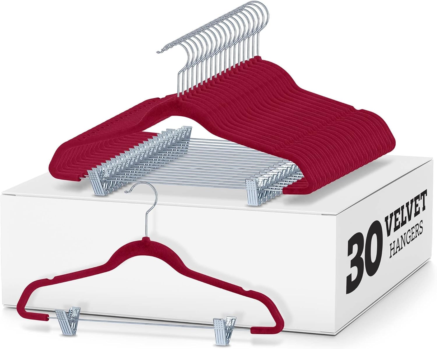 Zober Velvet Hangers with Clips - Pack of 30 Metal Clip Hangers for Pants - Notched Burgundy Velvet Skirt Hangers for Pants, Skirts, Suits, Dresses & Shirts w/ 360 Degree Hook - Non Slip Felt Hangers