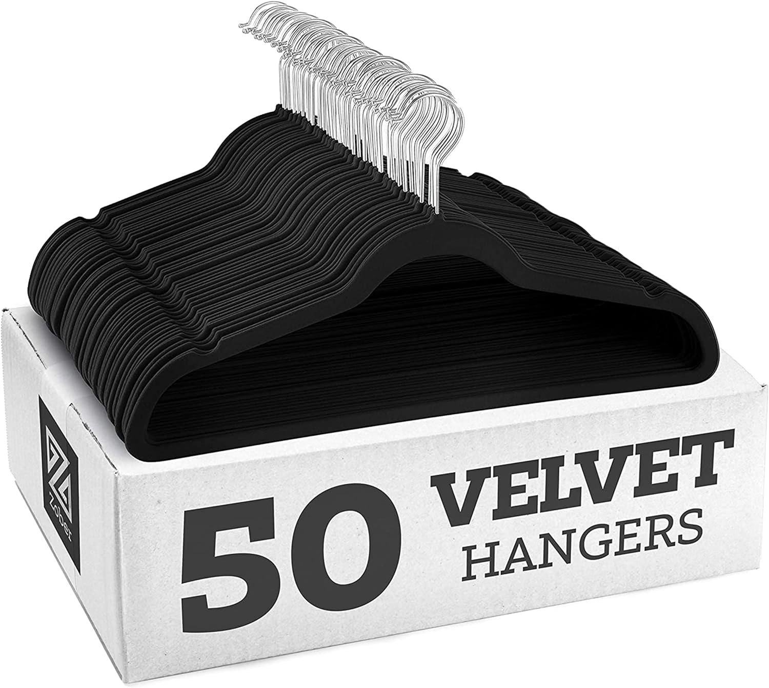 Zober Velvet Hangers 50 Pack - Heavy Duty Black Hangers for Coats, Pants & Dress Clothes - Non Slip Clothes Hanger Set - Space Saving Felt Hangers for Clothing