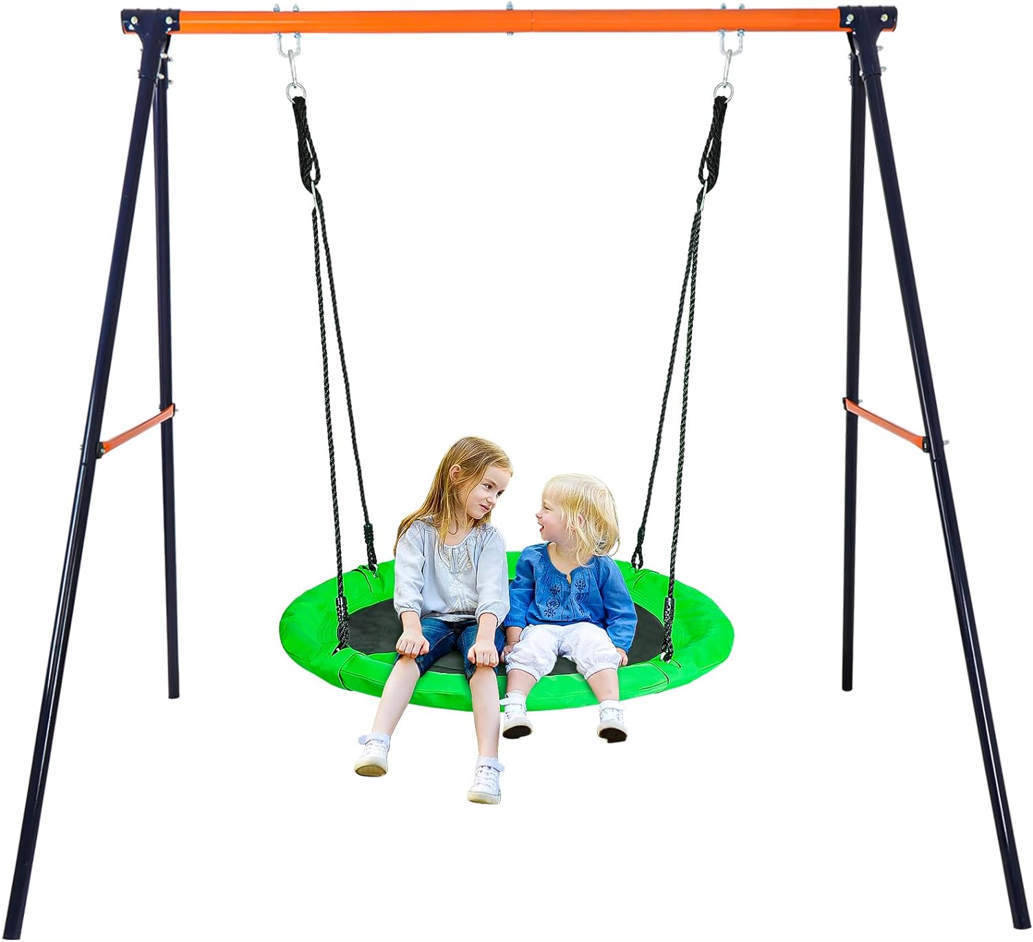 ZENY Swing Set with Saucer Swings for Backyard - 40'' Spider Web Swing Oxford Web Swing Mat and Heavy Duty A Frame Metal Swing Stand for Playground, Backyard, Garden