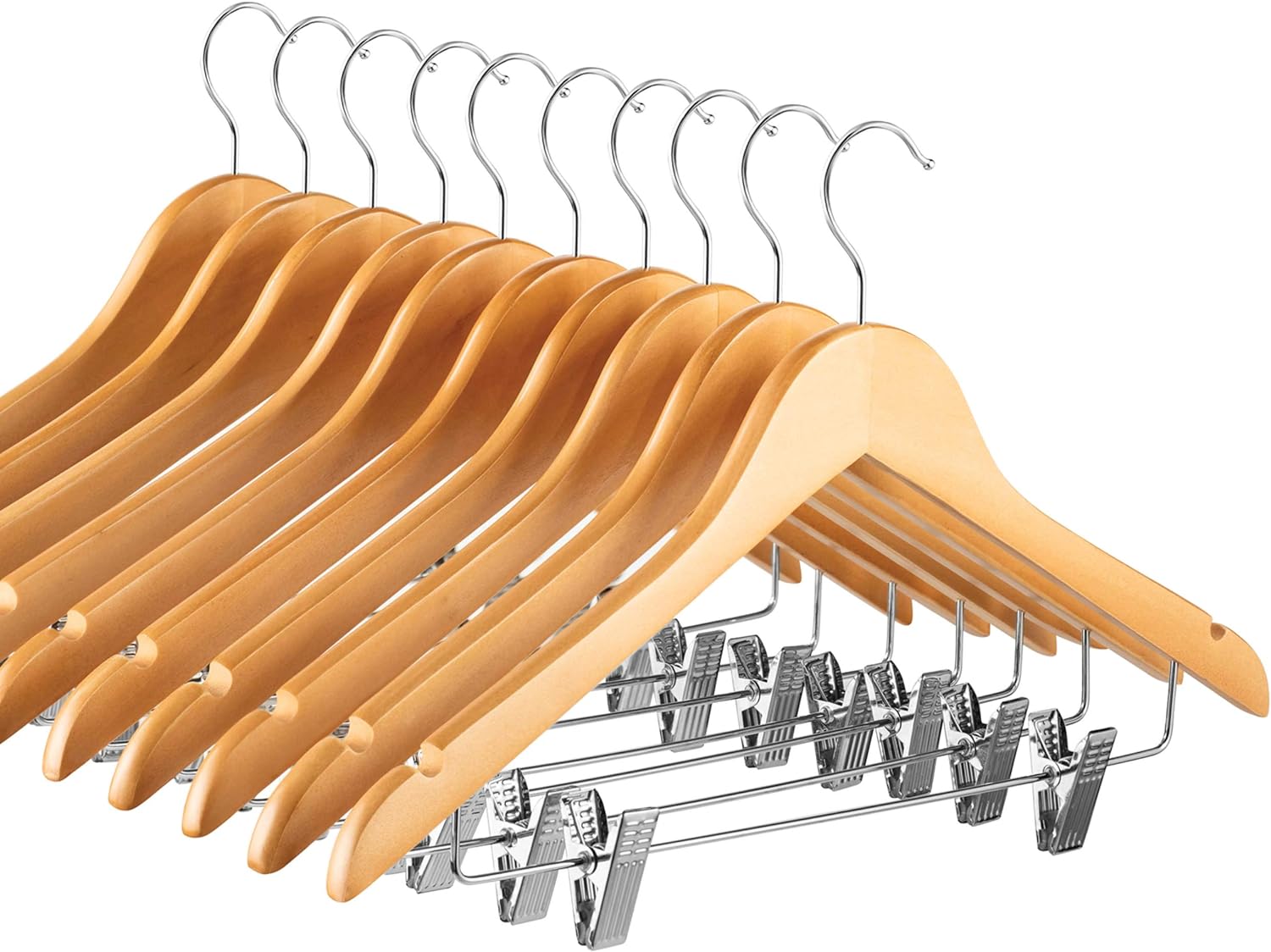 High-Grade Wooden Suit Hangers Skirt Hangers with Clips (10 Pack) Smooth Solid Wood Pants Hangers with Durable Adjustable Metal Clips, 360 Swivel Hook, Shoulder Notches for Dress Coat, Jacket, Blouse