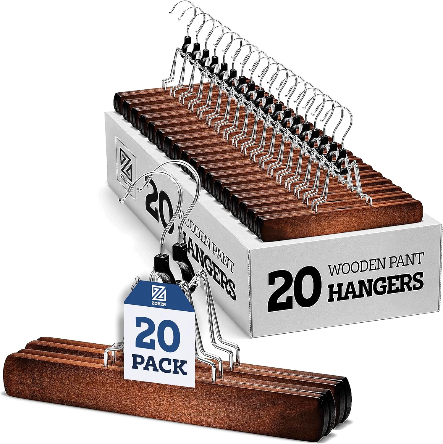 High-Grade Wooden Pants Hangers with Clips 20 Pack Non Slip Skirt Hangers, Smooth Finish Solid Wood Jeans/Slack Hanger with 360 Swivel Hook - Pants Clip Hangers for Skirts, Slacks - Clamp Hangers