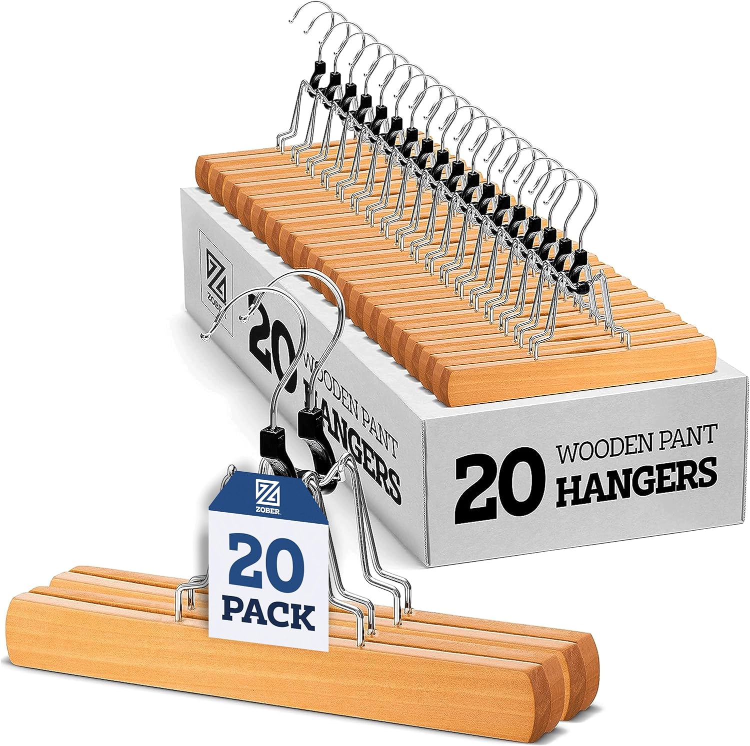 High-Grade Wooden Pants Hangers with Clips 20 Pack Non Slip Skirt Hangers, Smooth Finish Solid Wood Jeans/Slack Hanger with 360 Swivel Hook - Pants Clip Hangers for Skirts, Slacks - Clamp Hangers