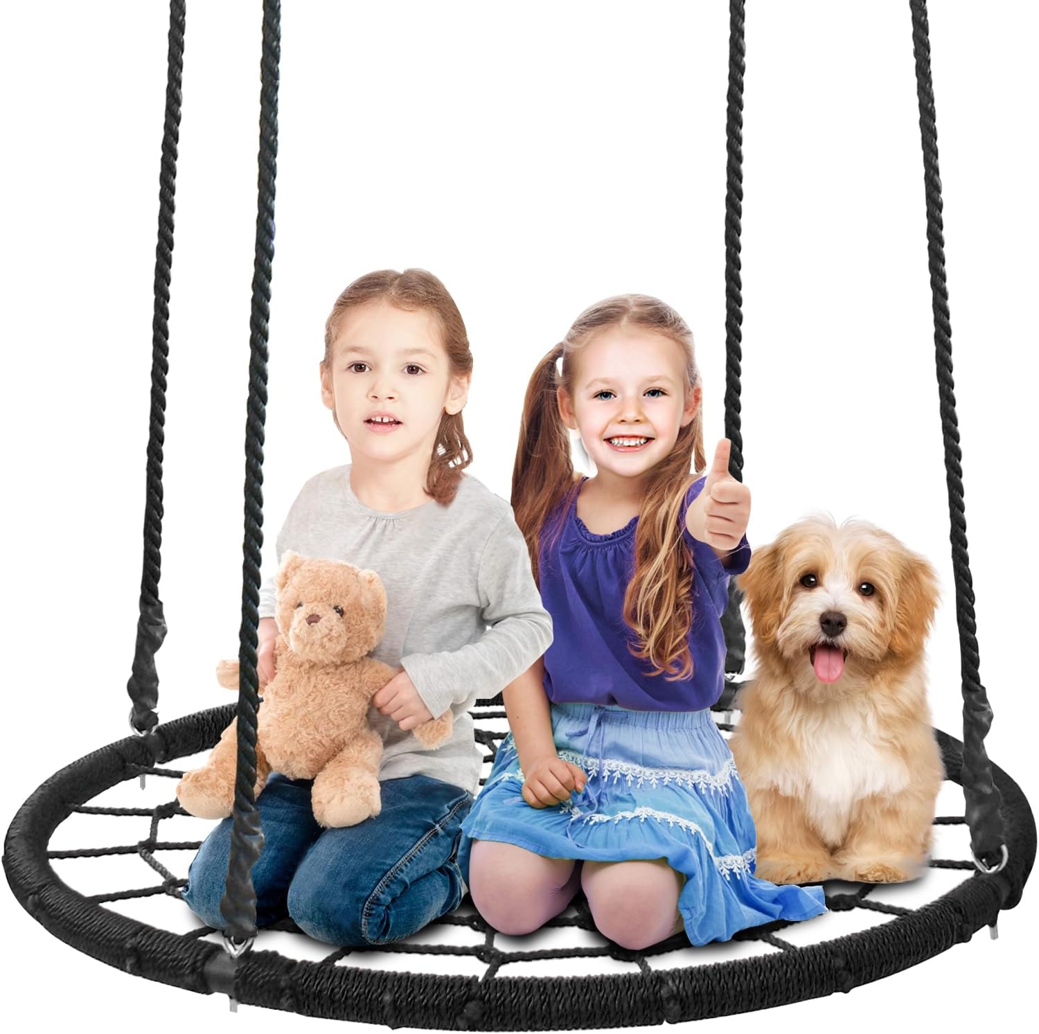 ZENY 48 Inch Spider Web Swing Tree Swing for Kids Round Swing Platform for Outdoor, Playground, Rope Swing for Tree or Swing Set, 2 Free Hanging Straps and Carabiners Black