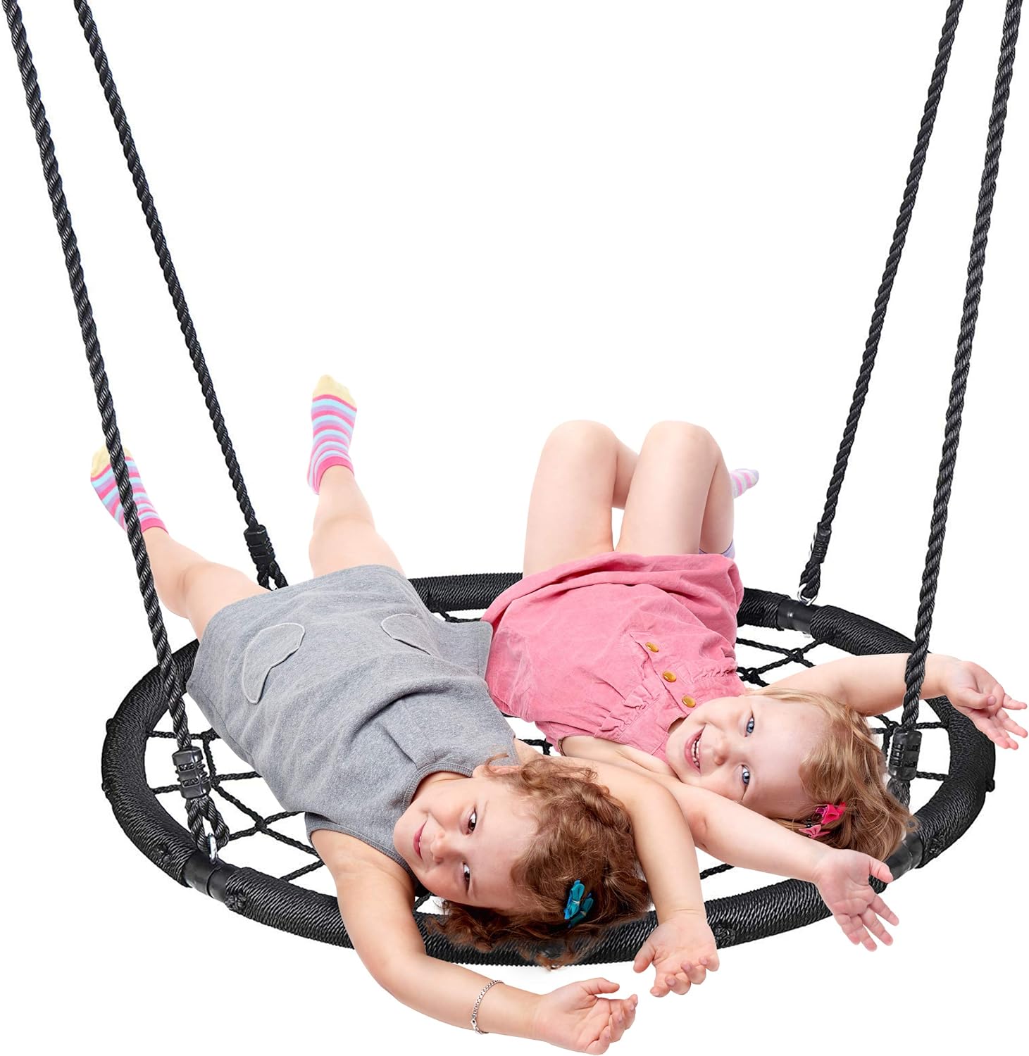 ZENY 40 Inch Spider Web Swing Tree Swing for Kids Round Swing Platform for Outdoor, Playground, Rope Swing for Tree or Swing Set, 2 Free Hanging Straps and Carabiners Black