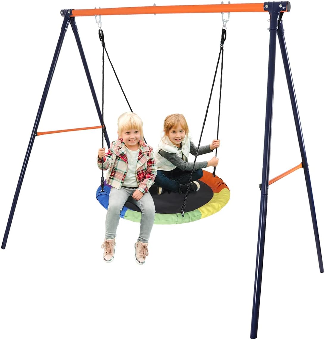 ZENY Swing Set with Saucer Swings for Backyard - 40'' Spider Web Swing Oxford Web Swing Mat and Heavy Duty A Frame Metal Swing Stand for Playground, Backyard, Garden