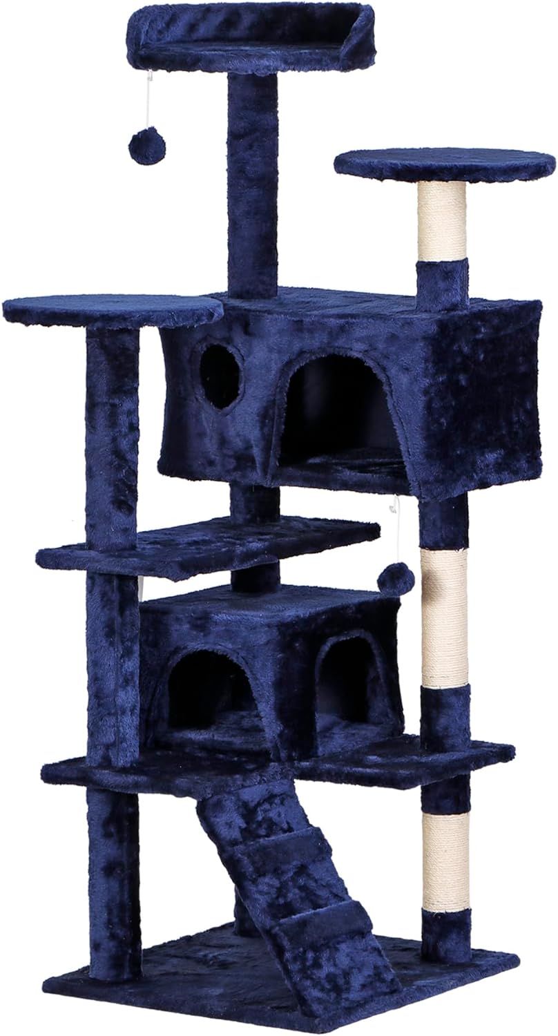 ZENY 53 inches Cat Tree with Sisal-Covered Scratching Posts and 2 Plush Rooms Cat Furniture for Kittens (Navy Blue)