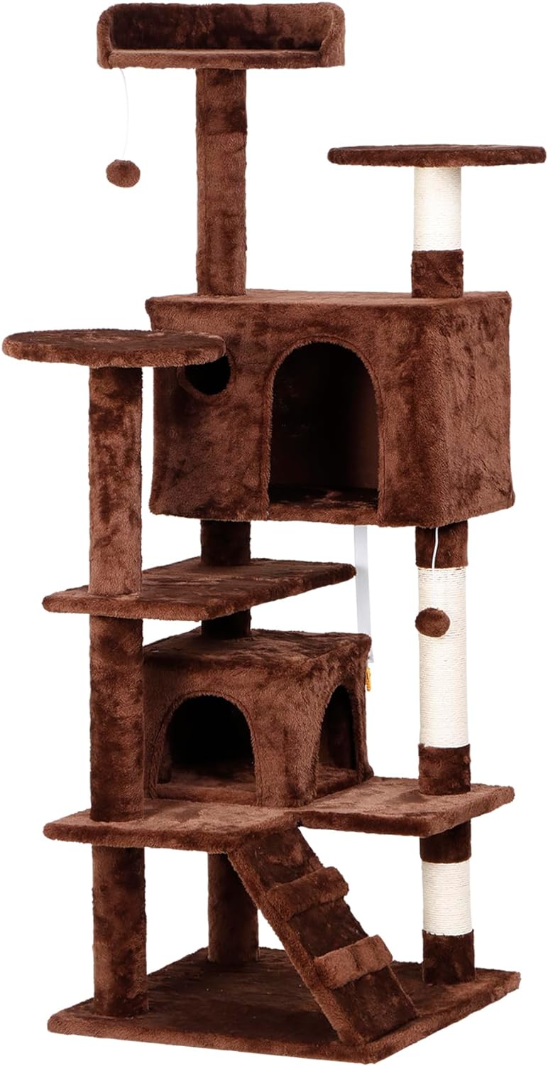 ZENY 53 inches Cat Tree with Sisal-Covered Scratching Posts and 2 Plush Rooms Cat Furniture for Kittens (Brown)