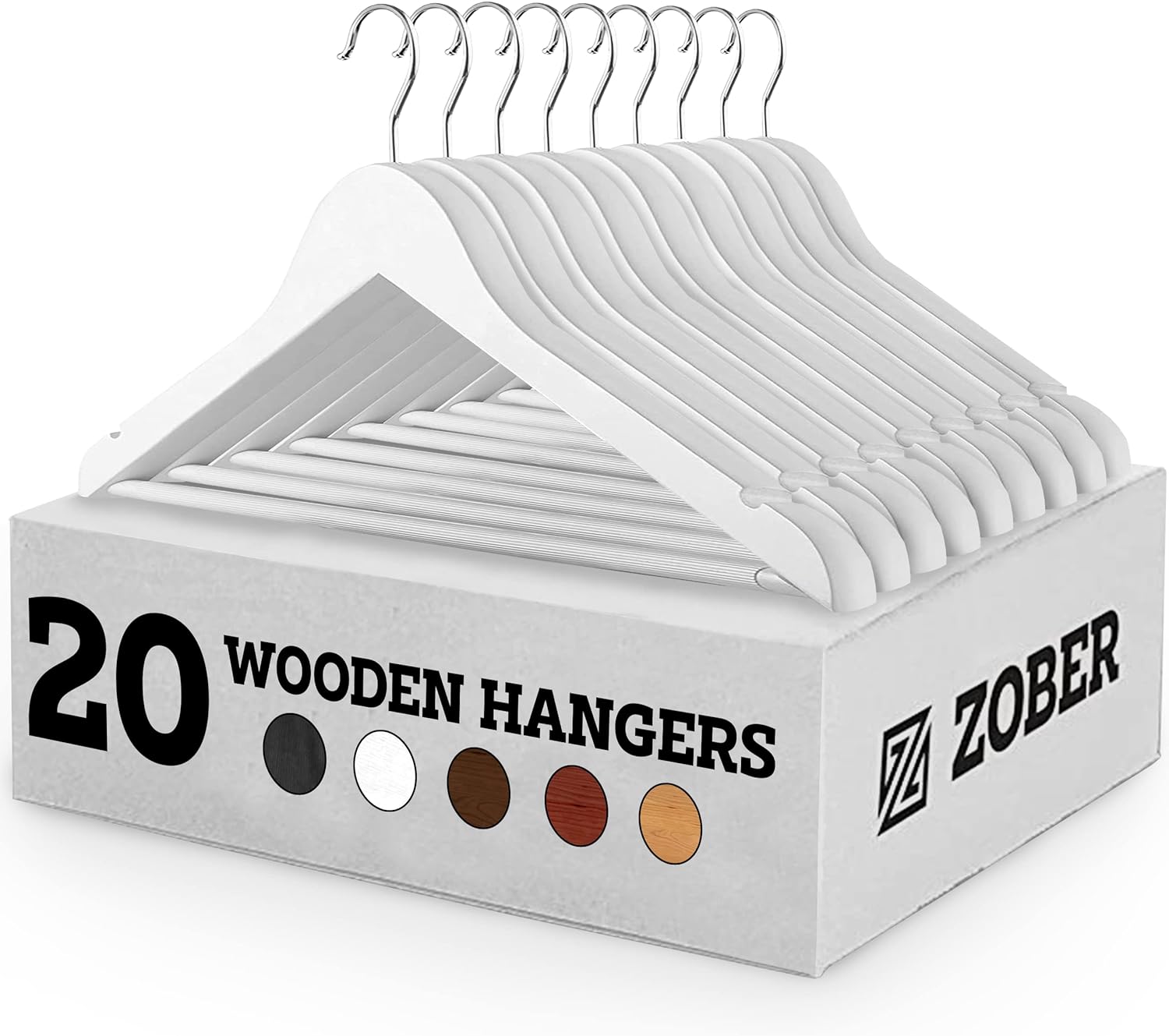 Zober Wooden Hangers 20 Pack - Non Slip Wood Clothes Hanger for Suits, Pants, Jackets w/Bar & Cut Notches - Heavy Duty Clothing Hanger Set - Coat Hangers for Closet - White