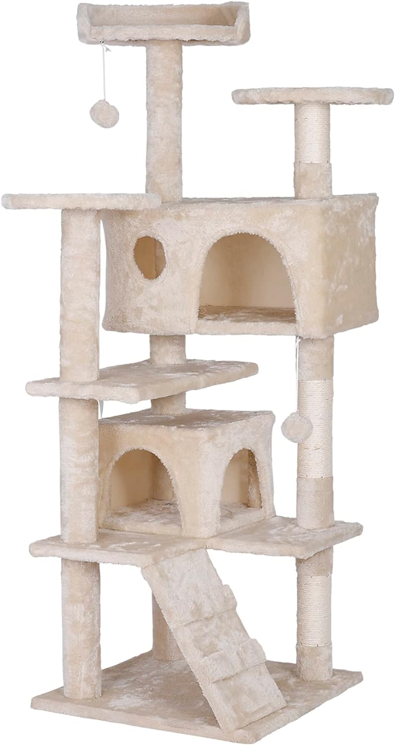 ZENY 55 inches Cat Tree with Sisal-Covered Scratching Posts and 2 Plush Rooms Cat Furniture for Kittens