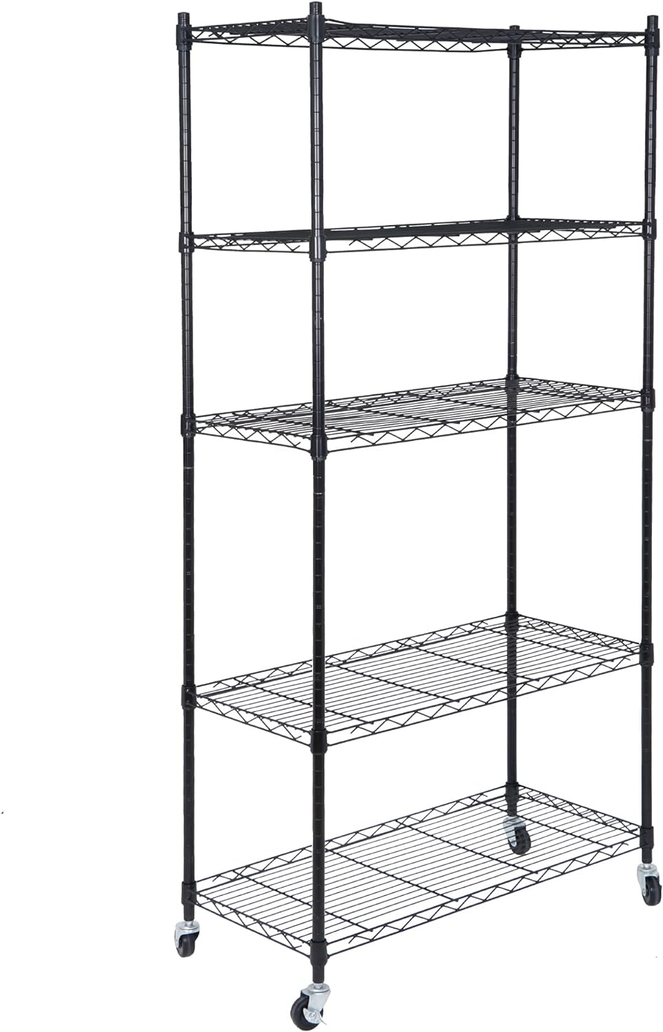 ZENY 5-Shelf Heavy Duty Shelving Storage Unit with Casters, Metal Organizer Wire Rack for Kitchen, Office, Garage, Black