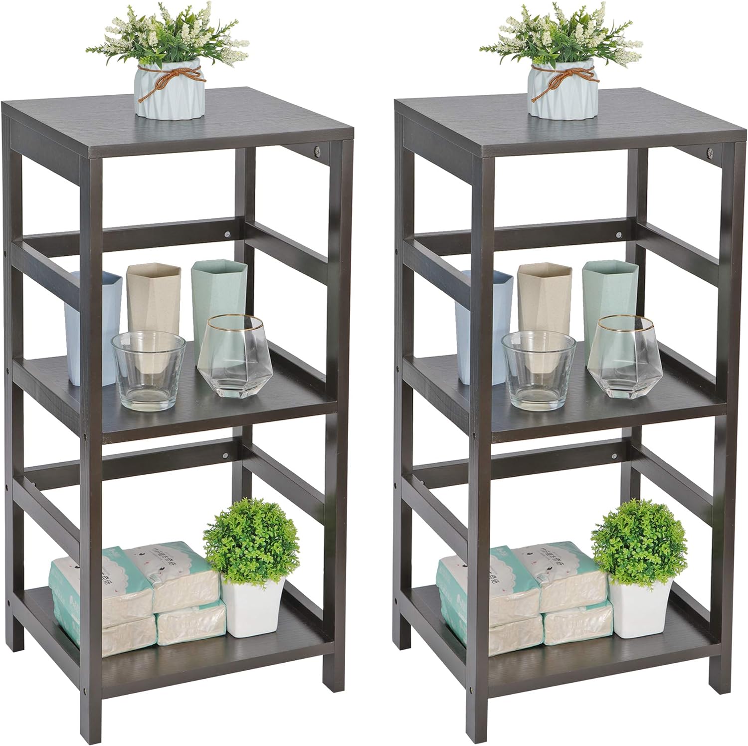 ZENY 3-Shelf Open Wood Shelving Unit, Living Room End Table, Side Table with Storage Shelf for Living Room, Balcony, Bathroom, Hallway, Set of 2