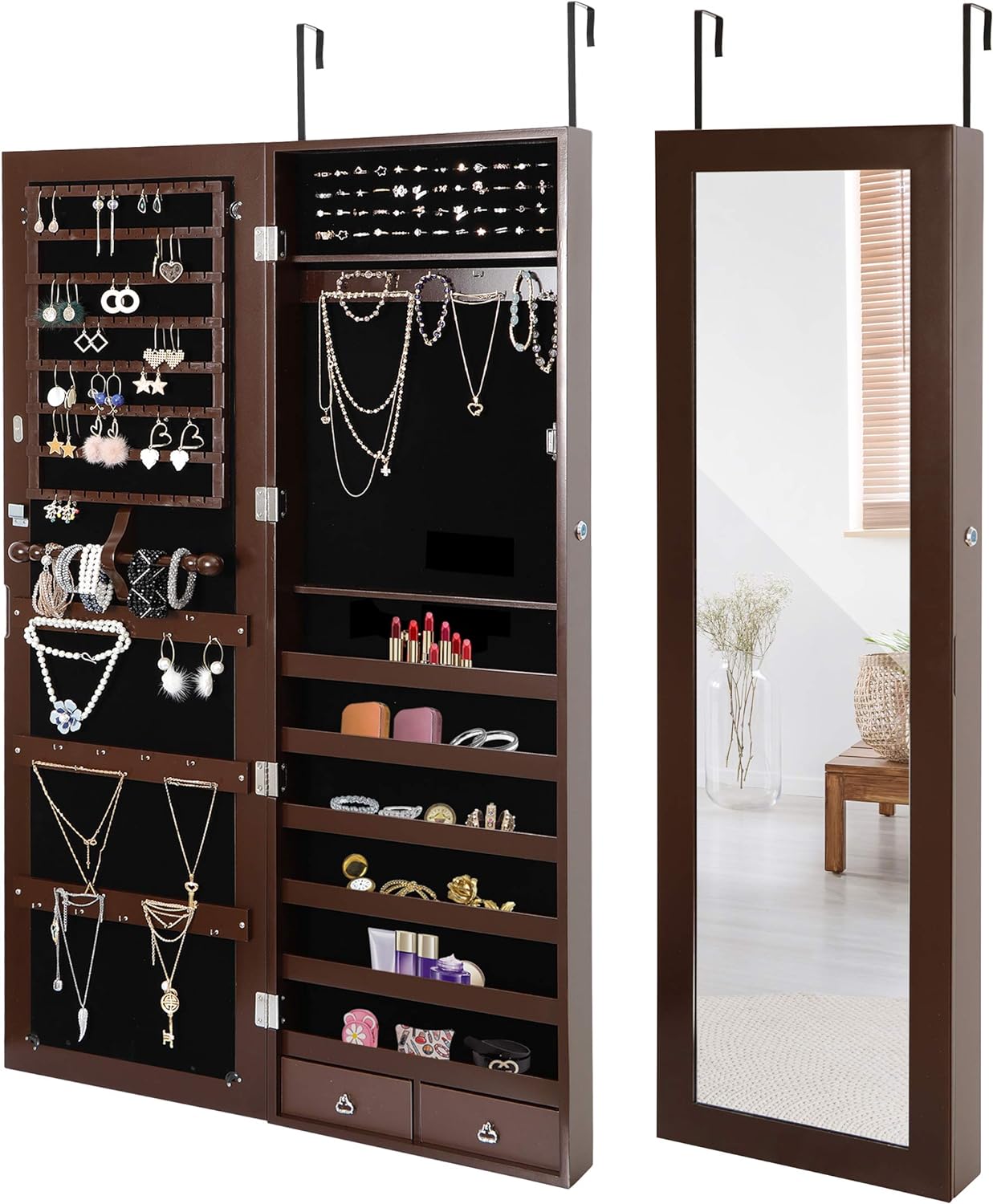 ZENY Hanging Jewelry Cabinet Organizer with Mirror 47.2''H Lockable Jewelry Armoire Wall Door Jewelry Organizer with Hanging Hooks, 2 Storage Drawers