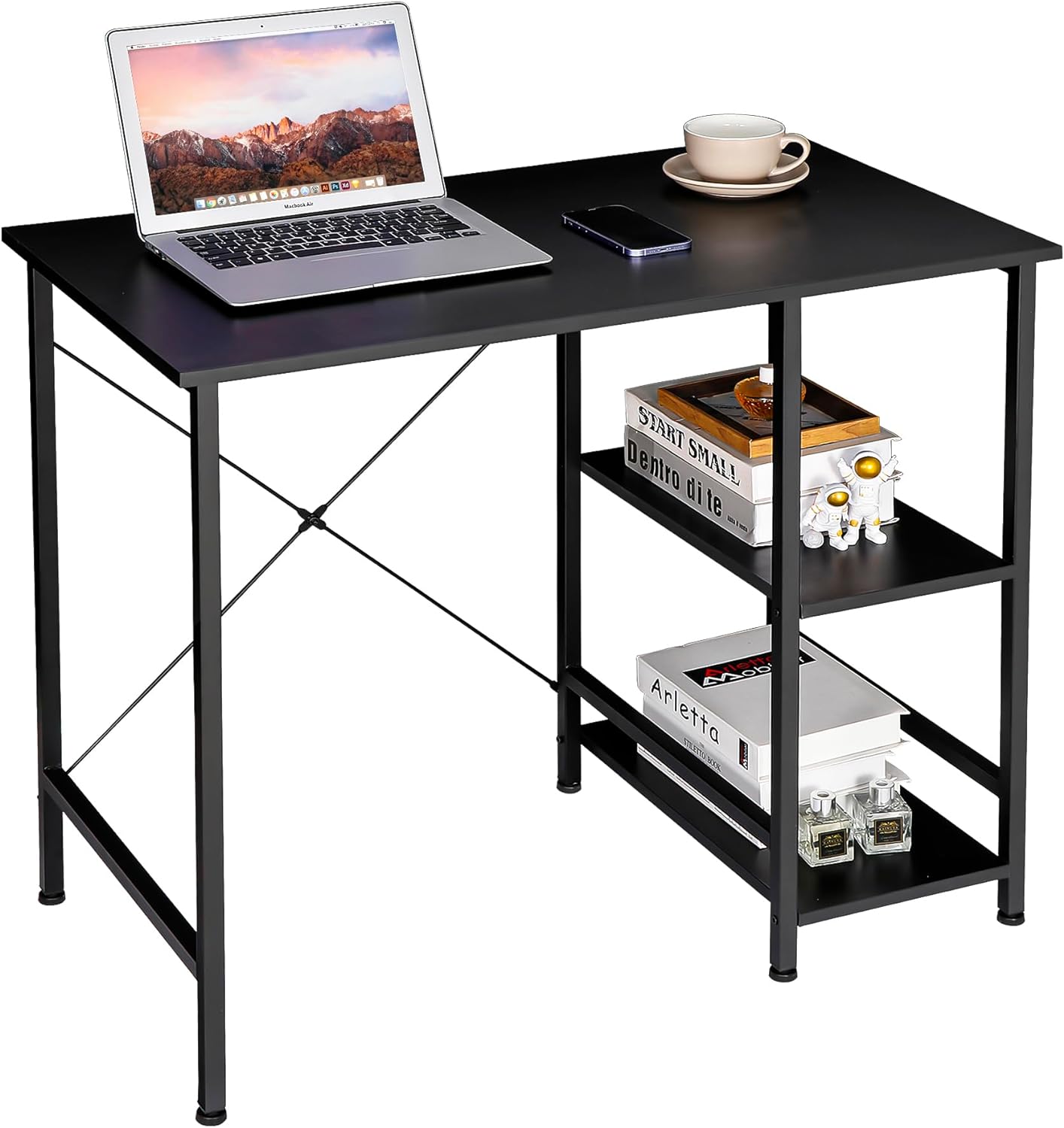 ZENY Small Computer Desk with Storage Shelves, 36 Sturdy Home Office Writing Desk/Laptop PC Workstation Desk, Metal Frame Computer Table, Black