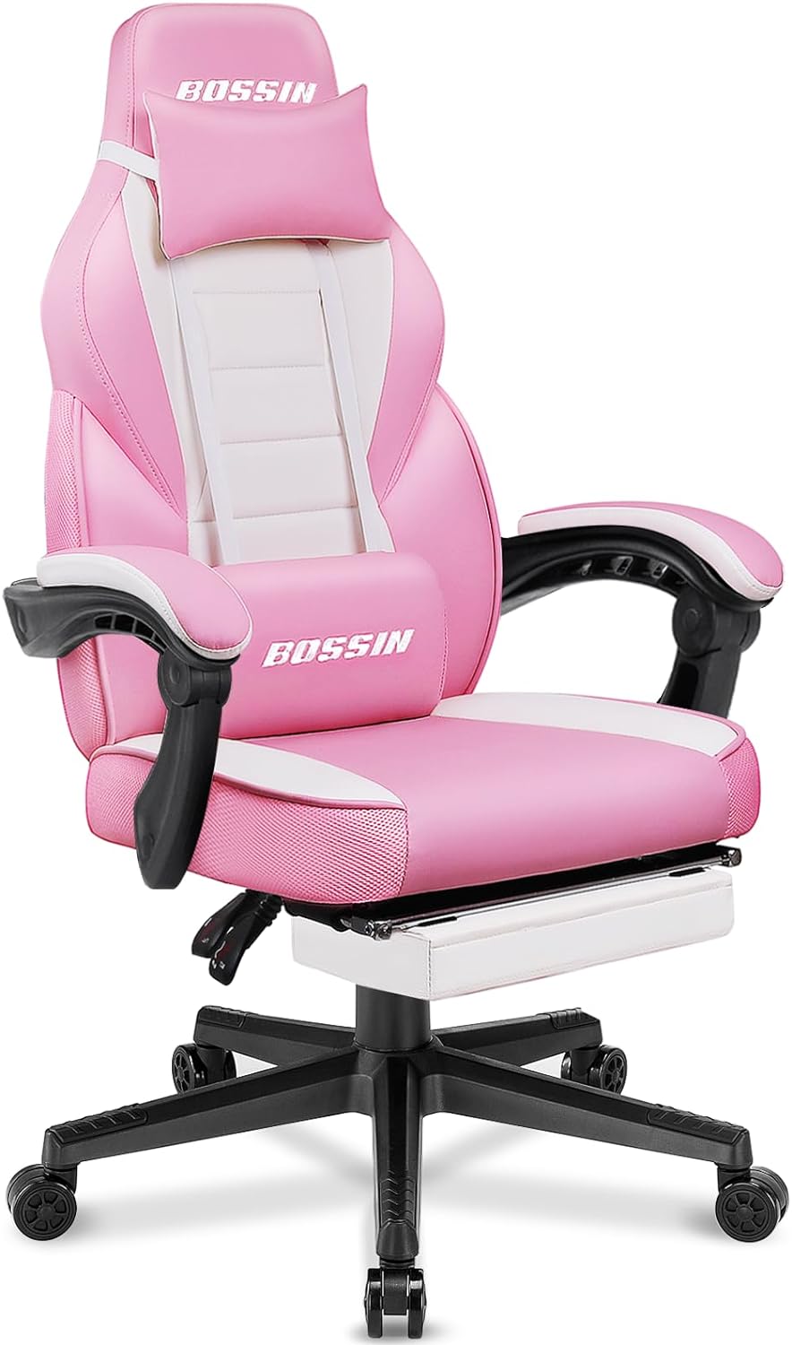 BOSSIN Gaming Chair with Massage, Ergonomic Heavy Duty Design, Gamer Chair with Footrest and Lumbar Support, High Back Office Chair, Big and Tall Gaming Computer Chair for Kids