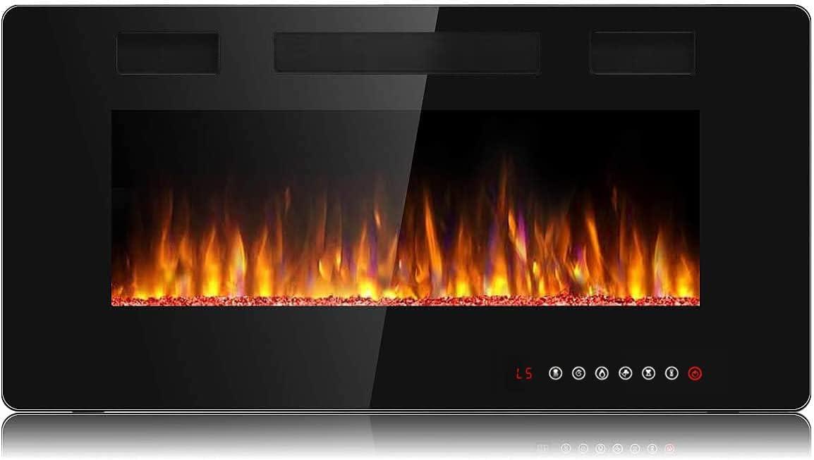 BOSSIN 36 inch Ultra-Thin Silence Linear Electric Fireplace Inserts, Recessed Wall Mounted Fireplace, Fit for 2 x 4 and 2 x 6 Stud, Adjustable Flame Color & Speed,Touch Screen Remote Control 8h Timer