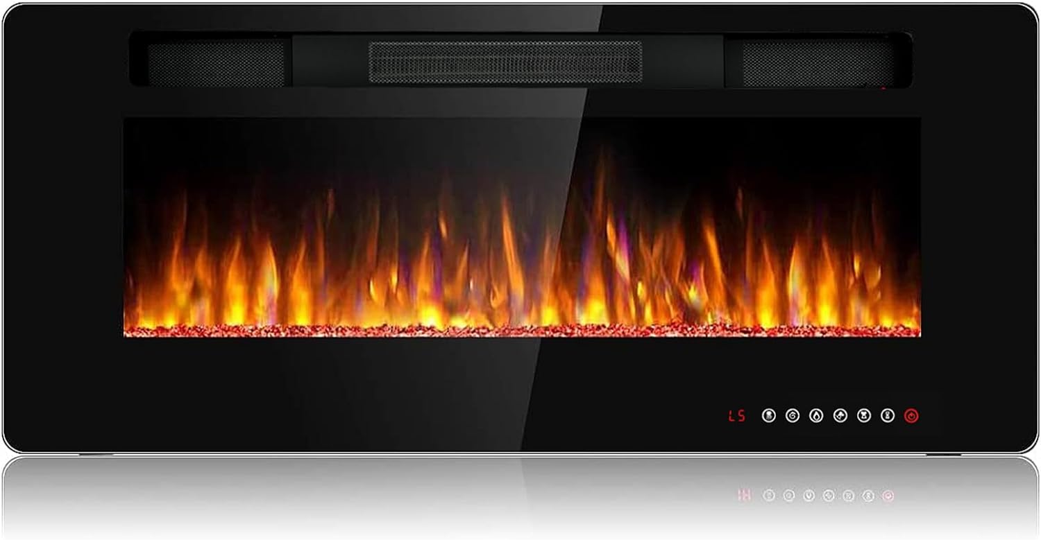 BOSSIN 42 inch Ultra-Thin Silence Linear Electric Fireplace, Recessed Wall Mounted Fireplace, Fit for 2 x 4 and 2 x 6 Stud, 12 Adjustable Flame Color & Speed,Touch Screen Remote Control with 8h Timer