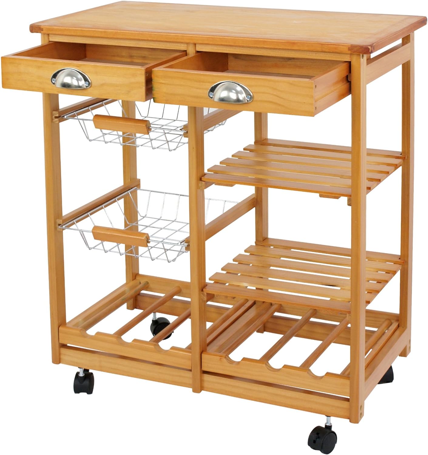 ZENY 4-Shelf Kitchen Storage Island Cart Rack Wood Dining Trolley w/Drawers Basket Stand Home Kitchen Shelves and Organizer w/Wheels