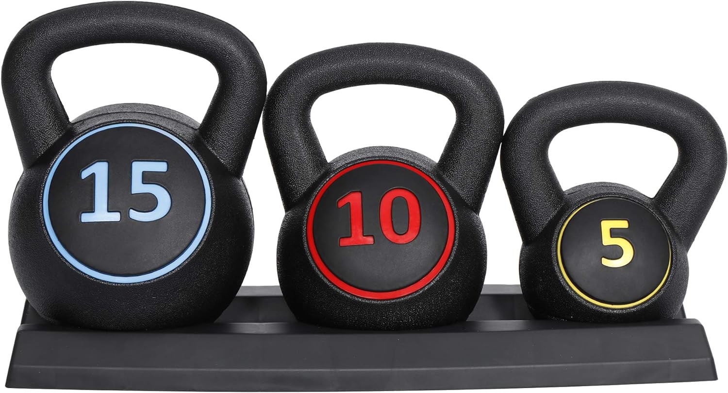 ZENY 3-Piece Kettlebell Set with Storage Rack Heavy Duty Concrete Kettle Bells 5 lbs 10 lbs 15 lbs for Weightlifting,Strength & Core Training Home Gym Equipment